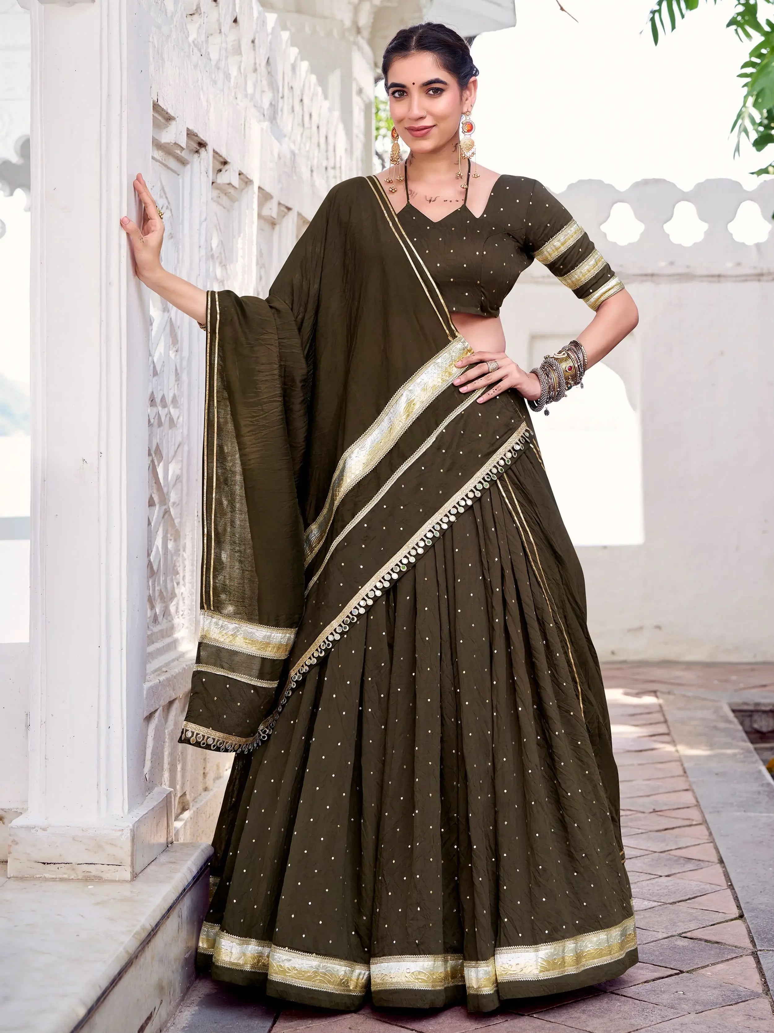 Mehndi Color Pure Chanderi Zari Weaving Embossed Lace Lehenga Choli