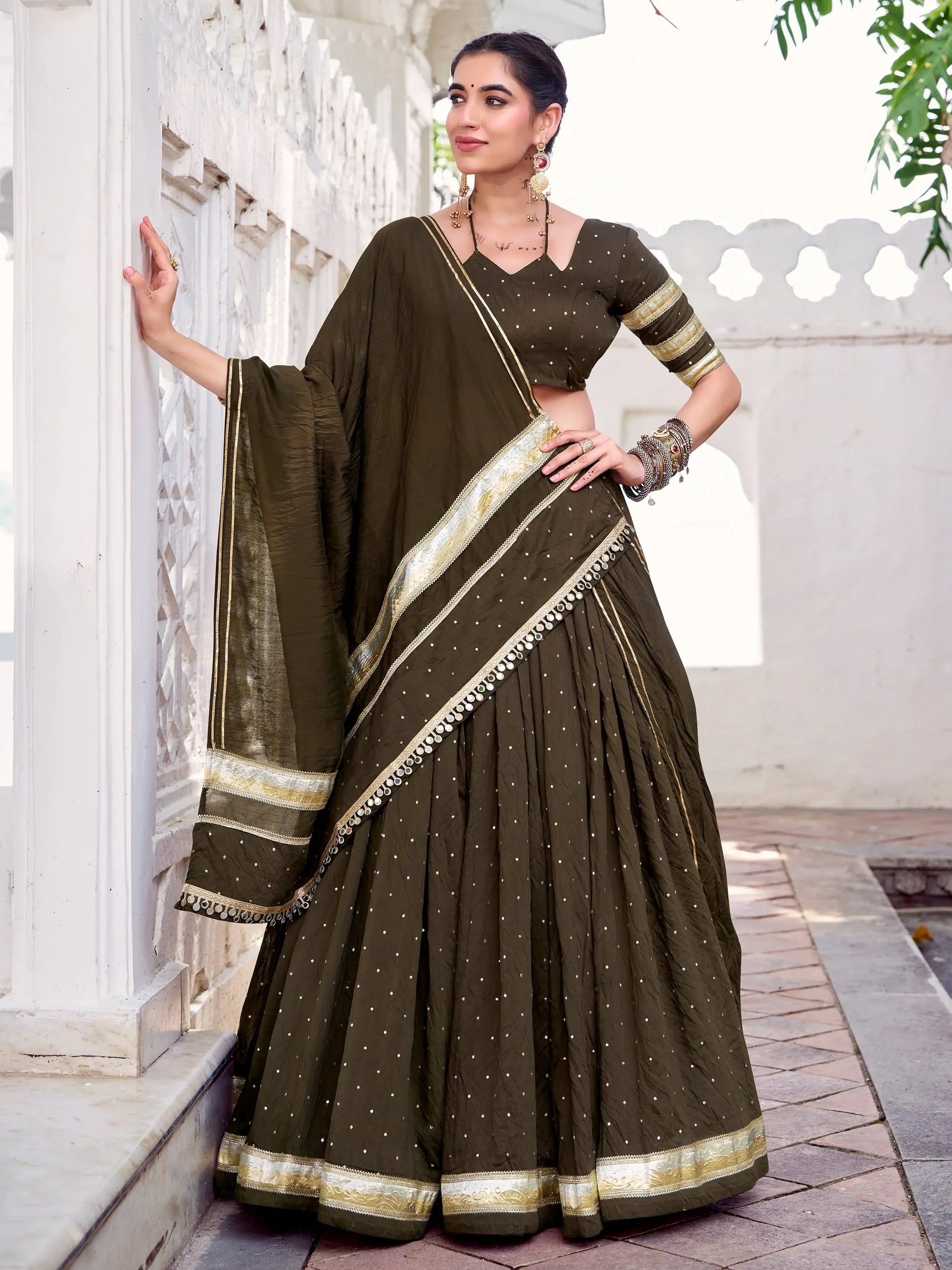 Mehndi Color Pure Chanderi Zari Weaving Embossed Lace Lehenga Choli