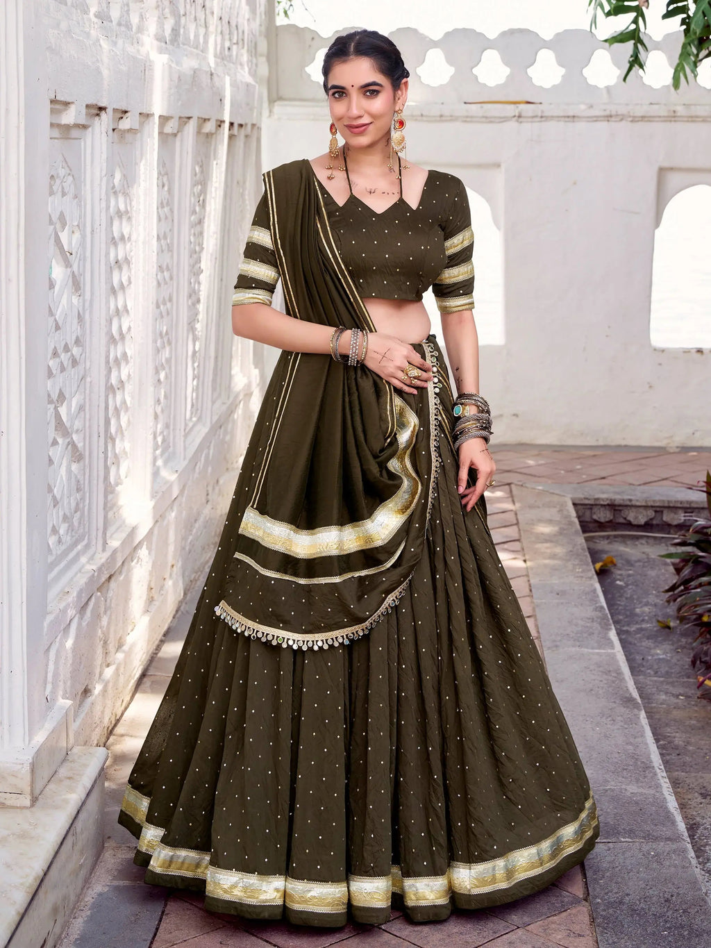 Mehndi Color Pure Chanderi Zari Weaving Embossed Lace Lehenga Choli