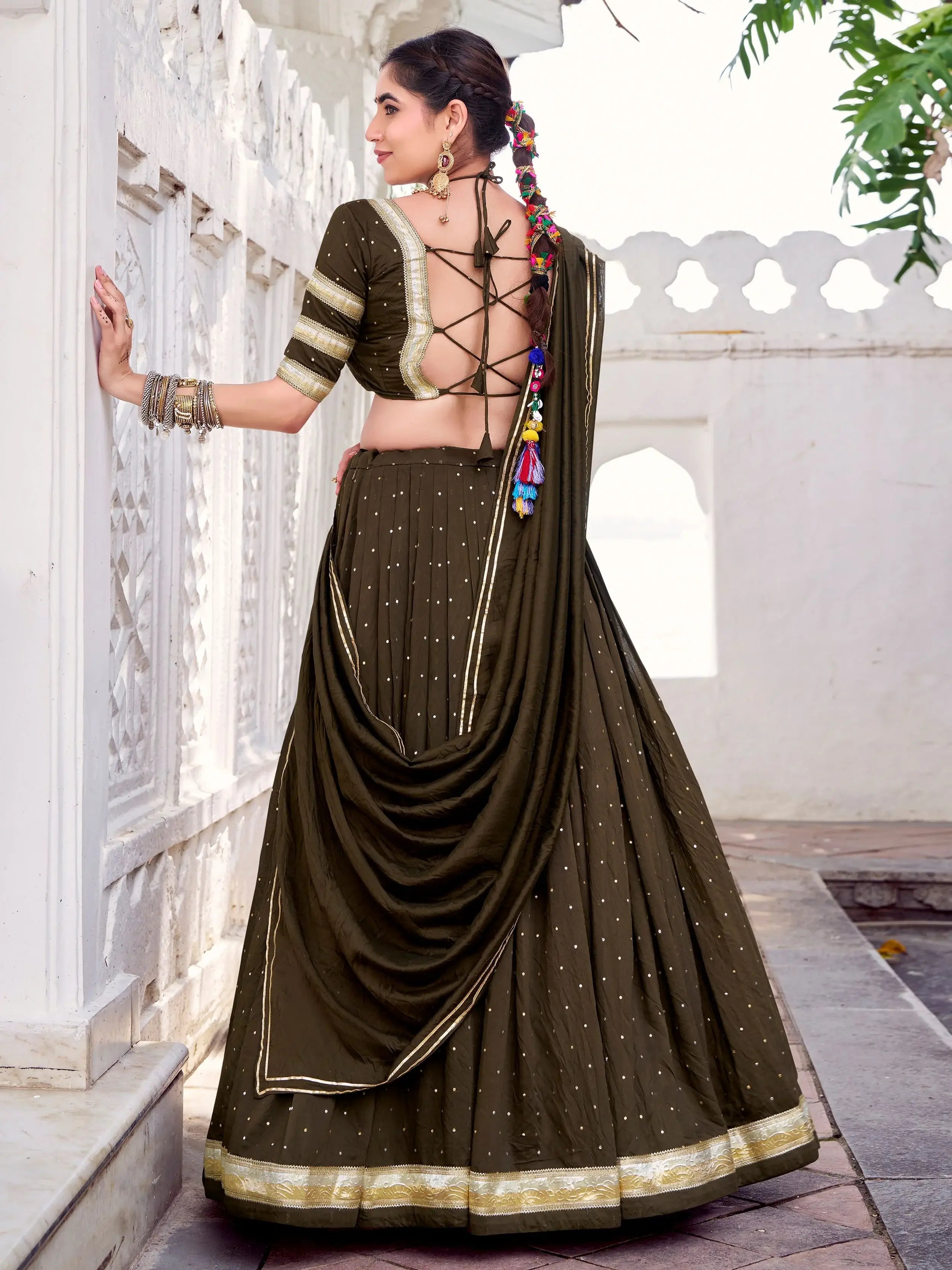 Mehndi Color Pure Chanderi Zari Weaving Embossed Lace Lehenga Choli