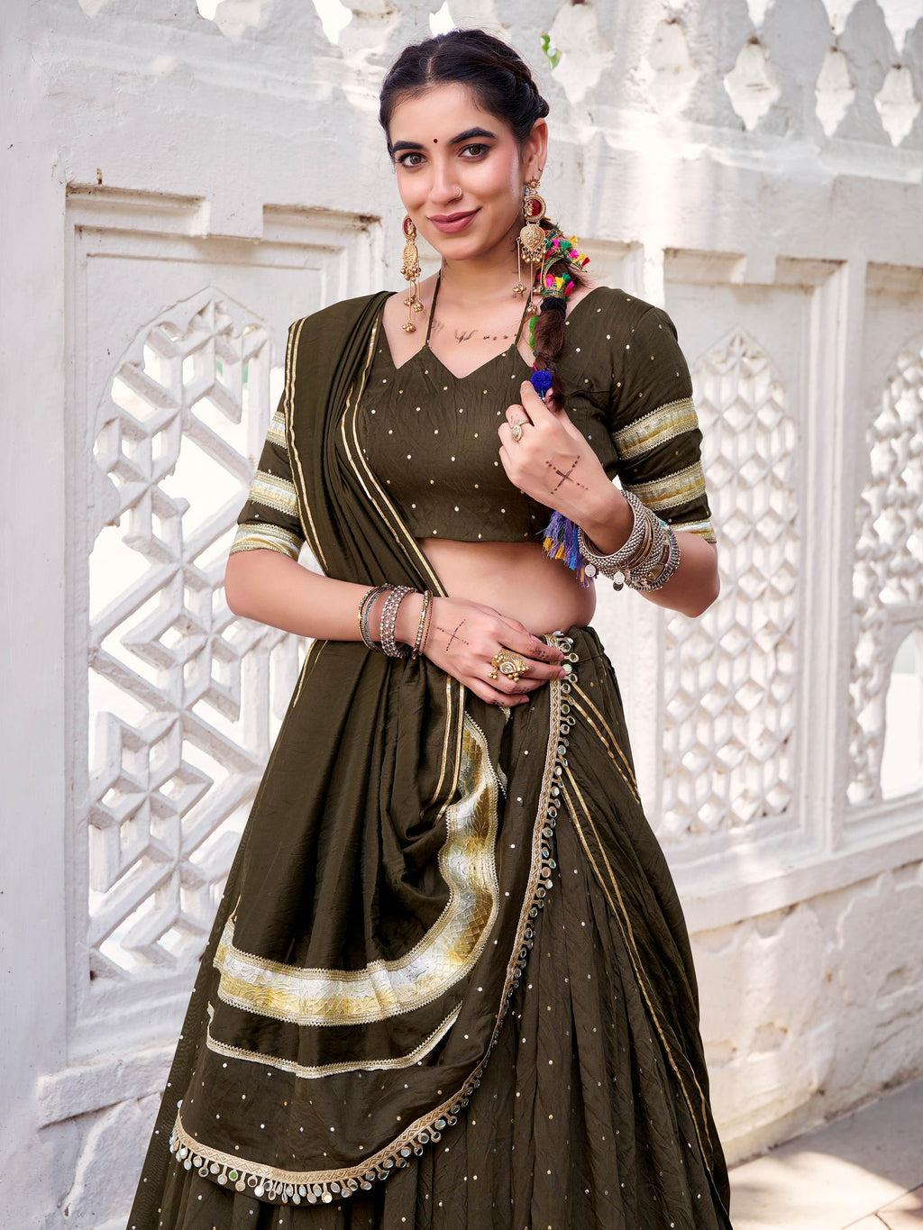 Mehndi Color Pure Chanderi Zari Weaving Embossed Lace Lehenga Choli