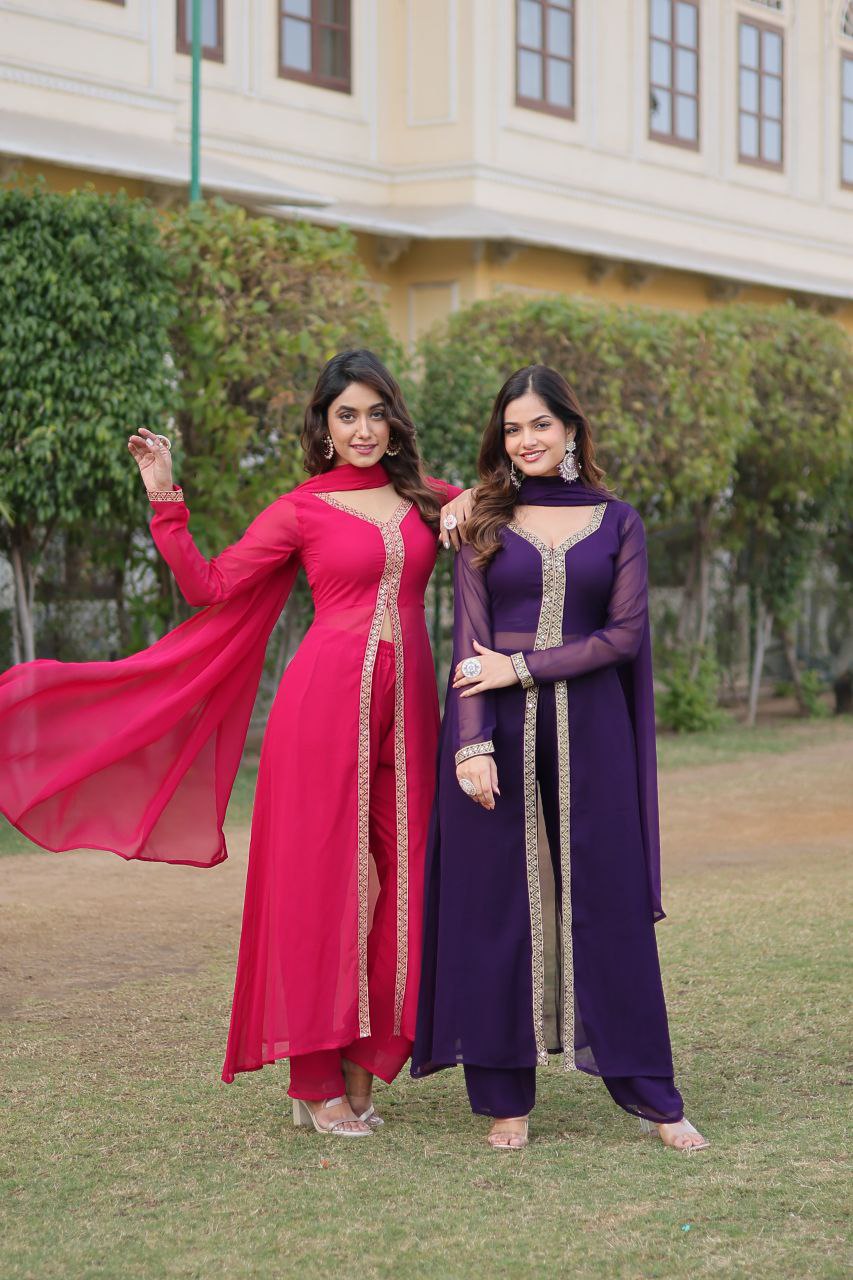 Mahamaya Purple Georgette Middle Slit Kurti Set