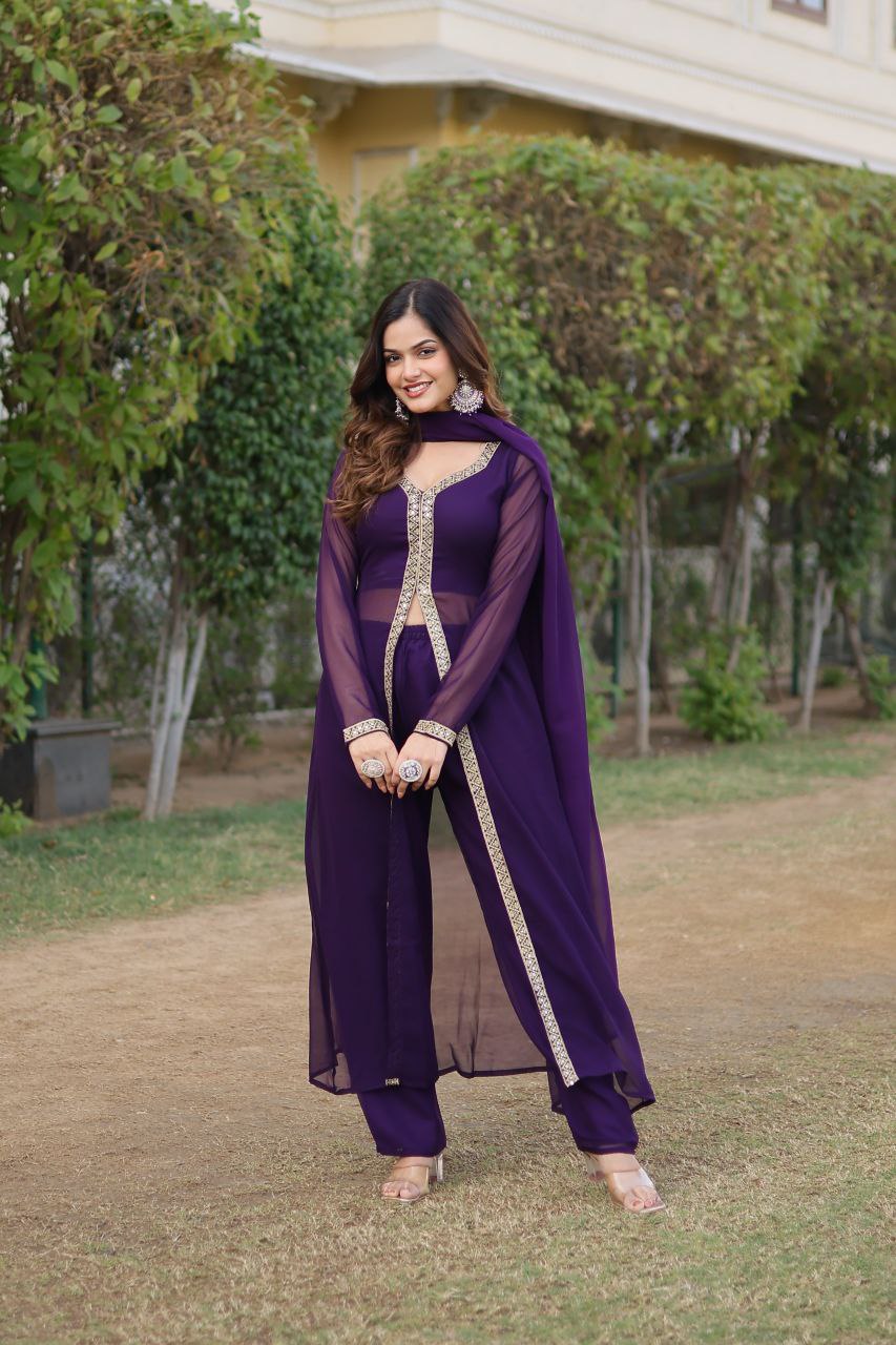 Mahamaya Purple Georgette Middle Slit Kurti Set