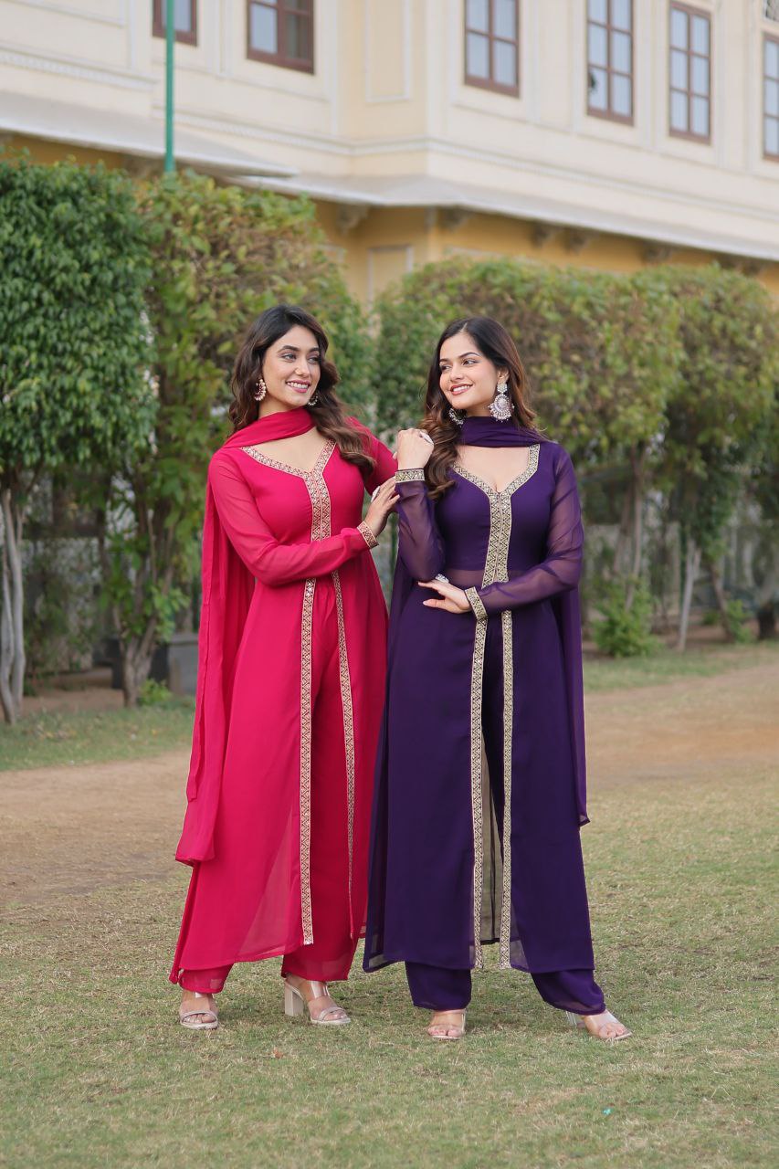 Mahamaya Purple Georgette Middle Slit Kurti Set