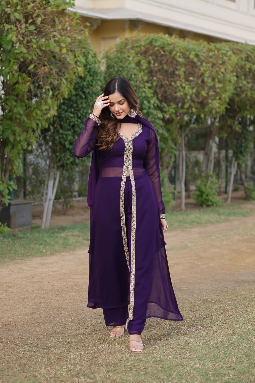 Mahamaya Purple Georgette Middle Slit Kurti Set