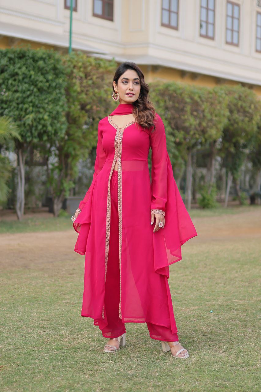 Mahamaya pink georgette middle slit kurti set