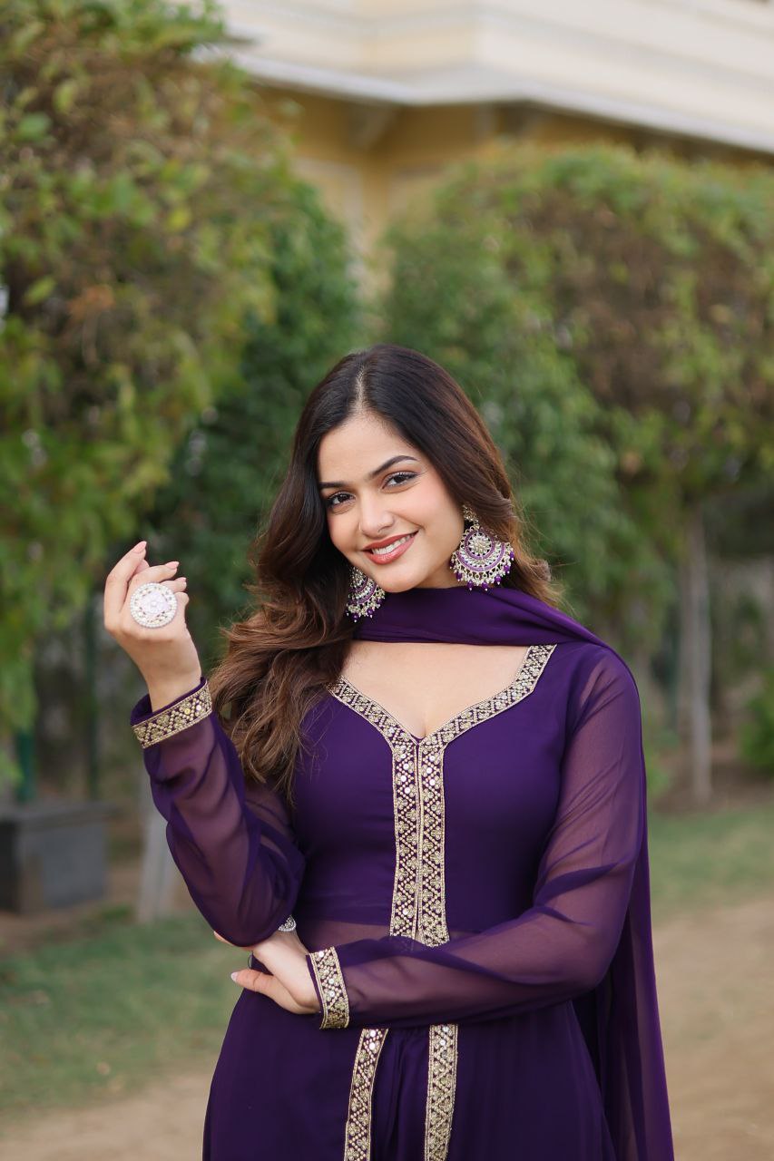 Mahamaya Purple Georgette Middle Slit Kurti Set