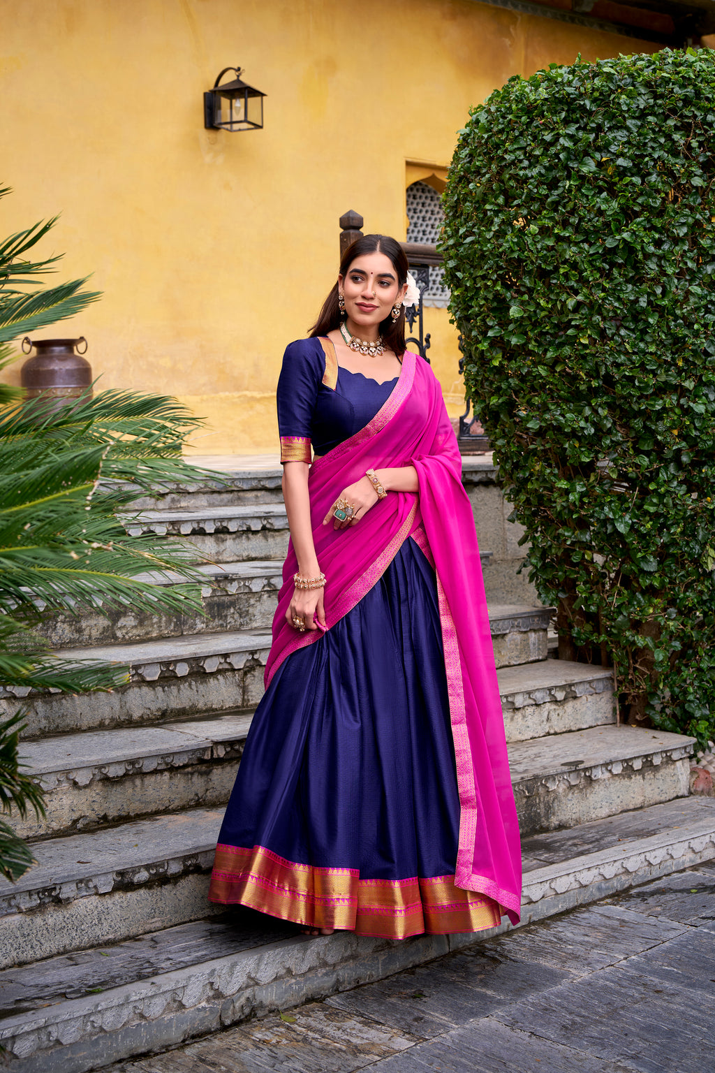 Mira Navy Blue Color Poly Cotton Zari Weaving Half Saree Lehenga