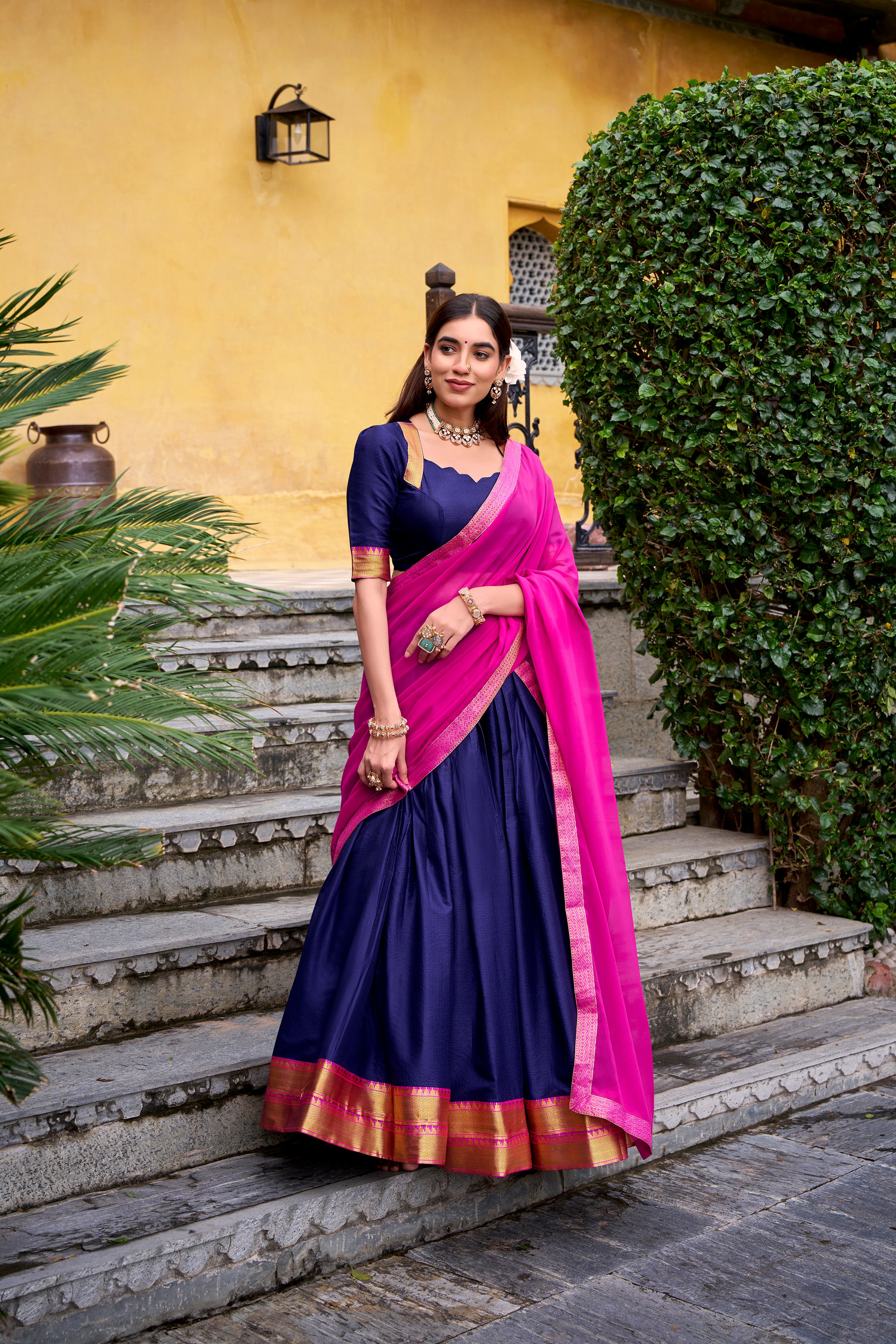 Mira Navy Blue Color Poly Cotton Zari Weaving Half Saree Lehenga