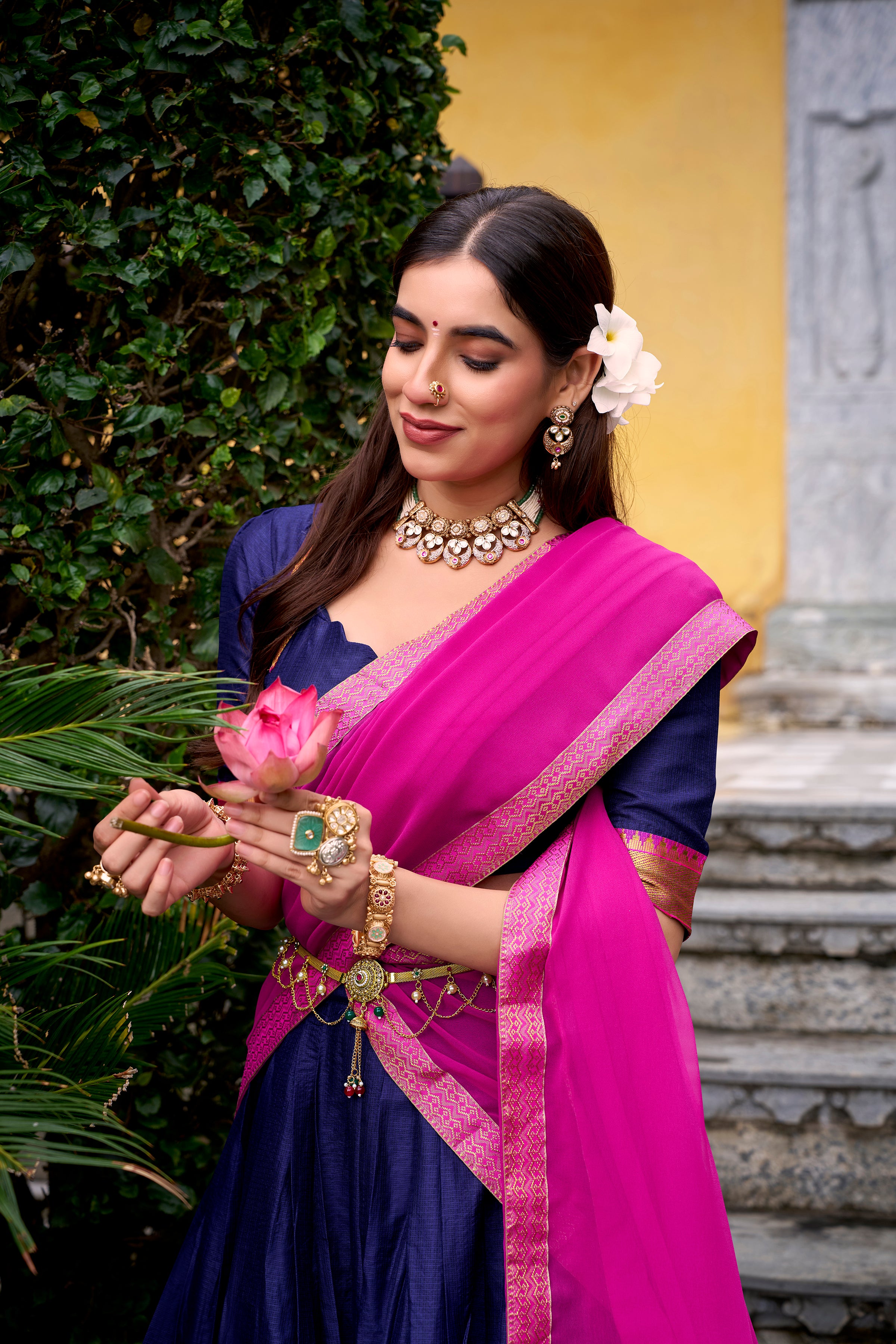 Mira Navy Blue Color Poly Cotton Zari Weaving Half Saree Lehenga