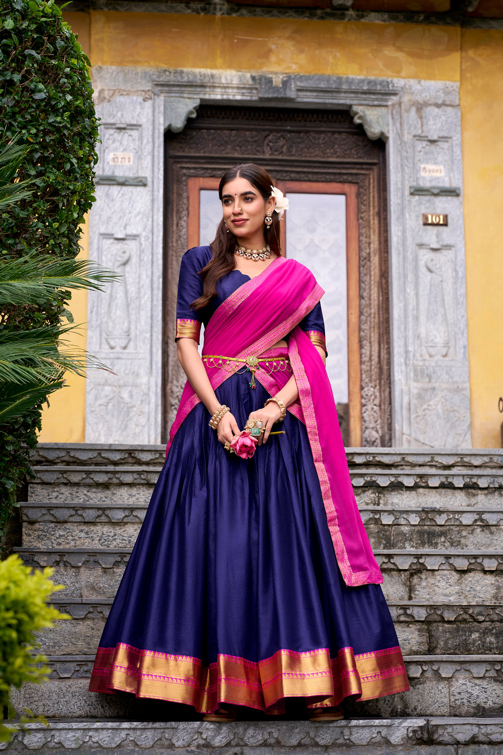 Mira Navy Blue Color Poly Cotton Zari Weaving Half Saree Lehenga