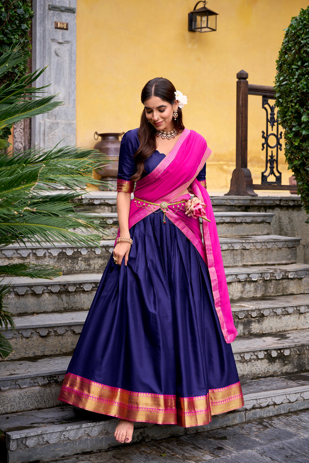 Mira Navy Blue Color Poly Cotton Zari Weaving Half Saree Lehenga