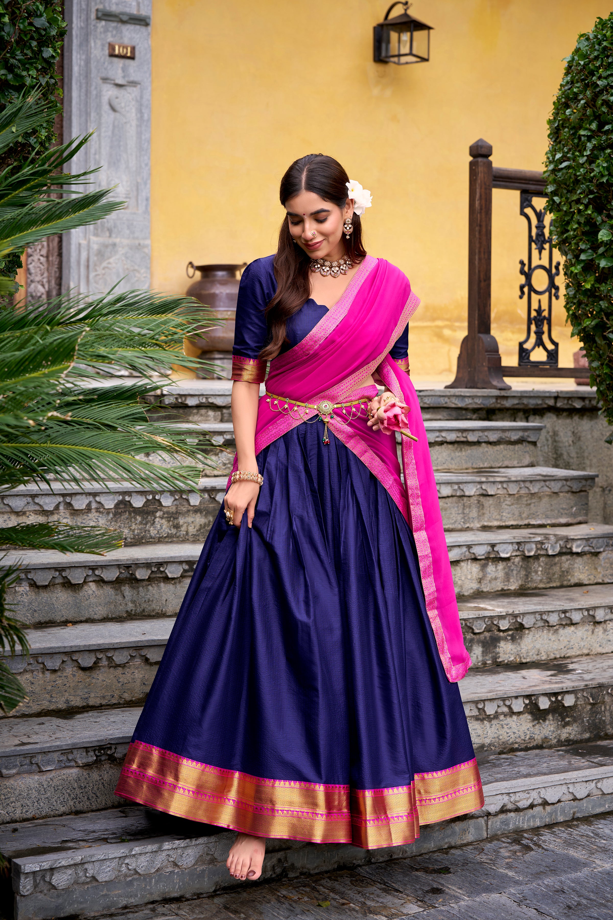 Mira Navy Blue Color Poly Cotton Zari Weaving Half Saree Lehenga