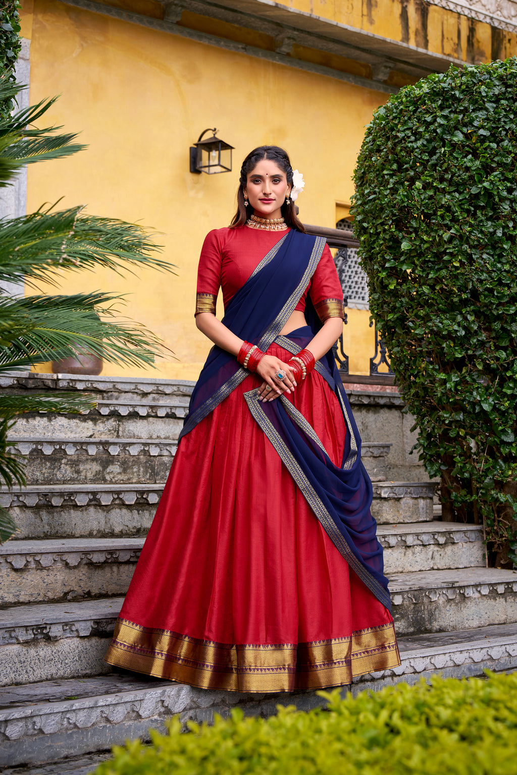 Mira Red Color Poly Cotton Zari Weaving Half Saree Lehenga