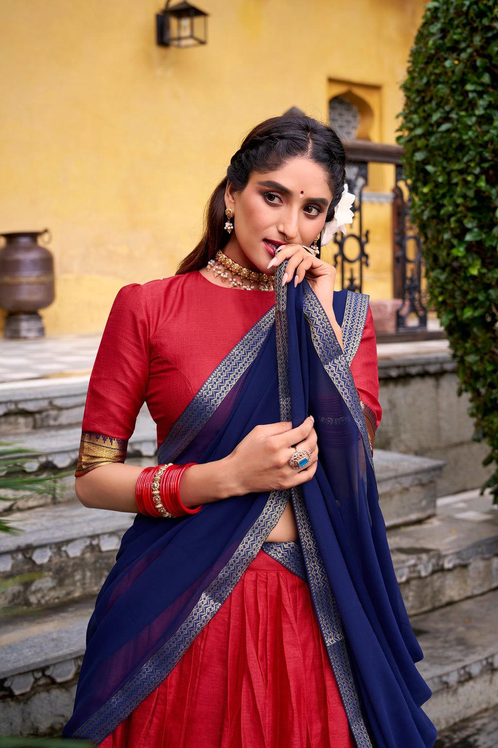Mira Red Color Poly Cotton Zari Weaving Half Saree Lehenga