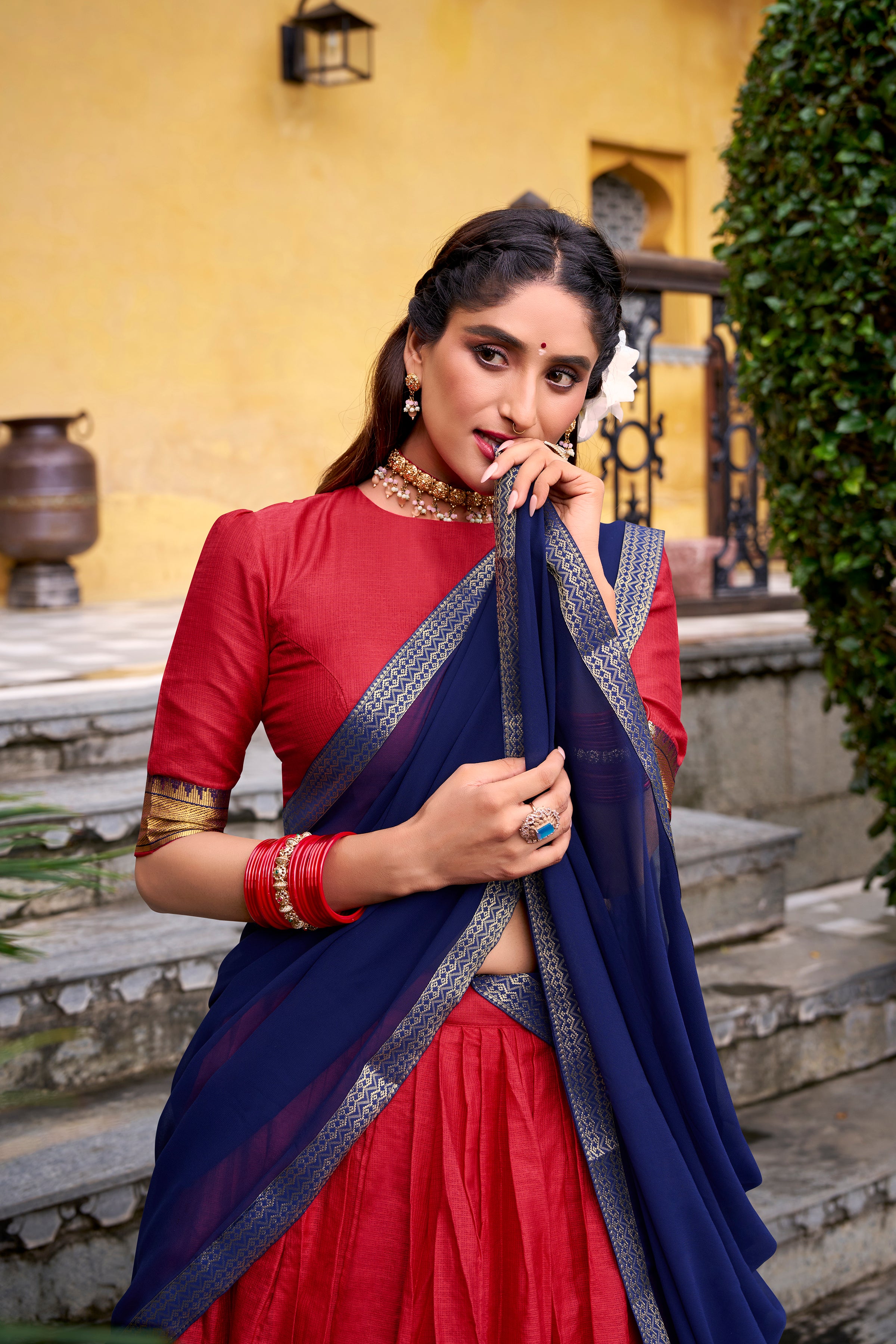 Mira Red Color Poly Cotton Zari Weaving Half Saree Lehenga