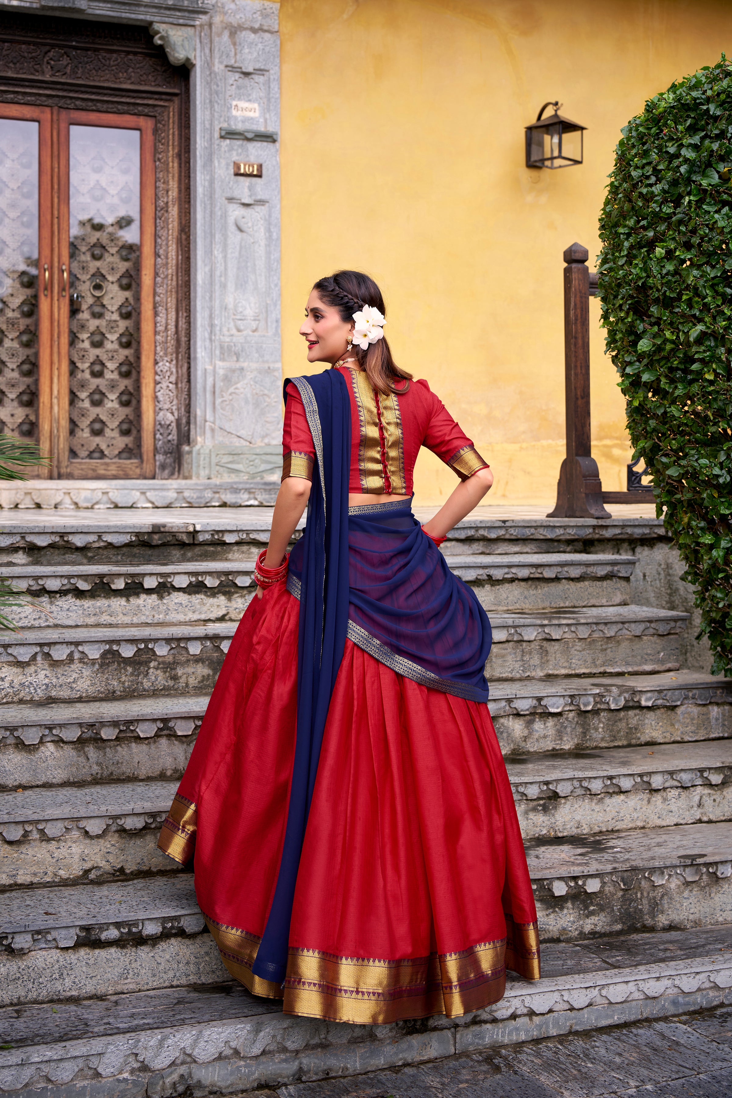 Mira Red Color Poly Cotton Zari Weaving Half Saree Lehenga