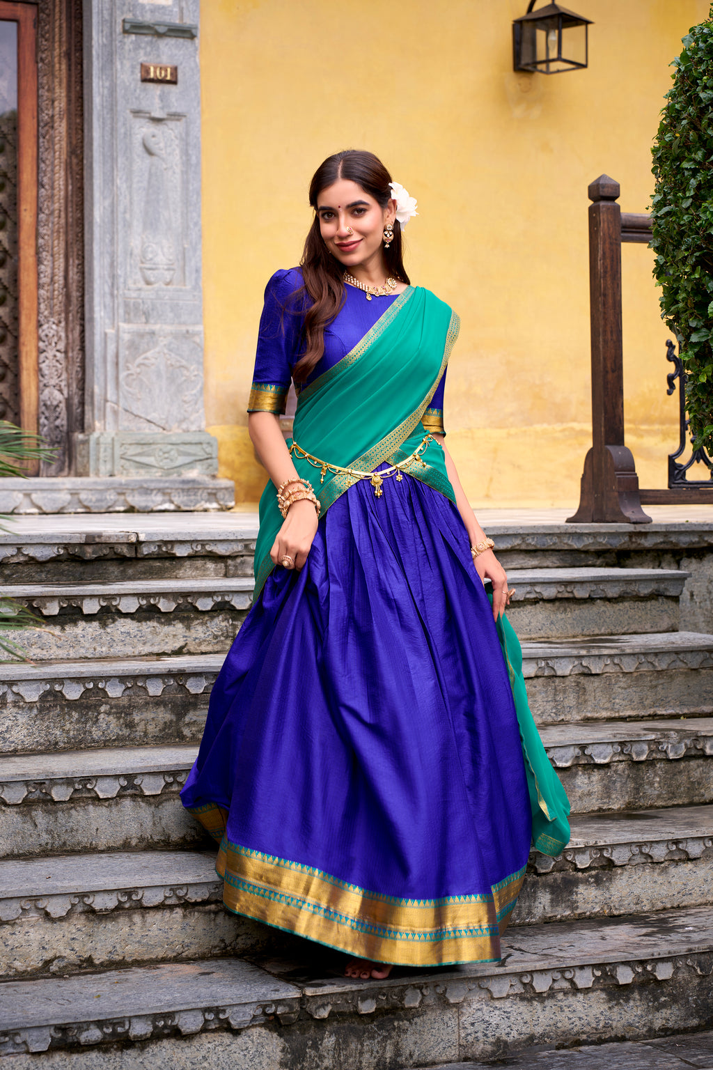Mira Royal Blue Color Poly Cotton Zari Weaving Half Saree Lehenga
