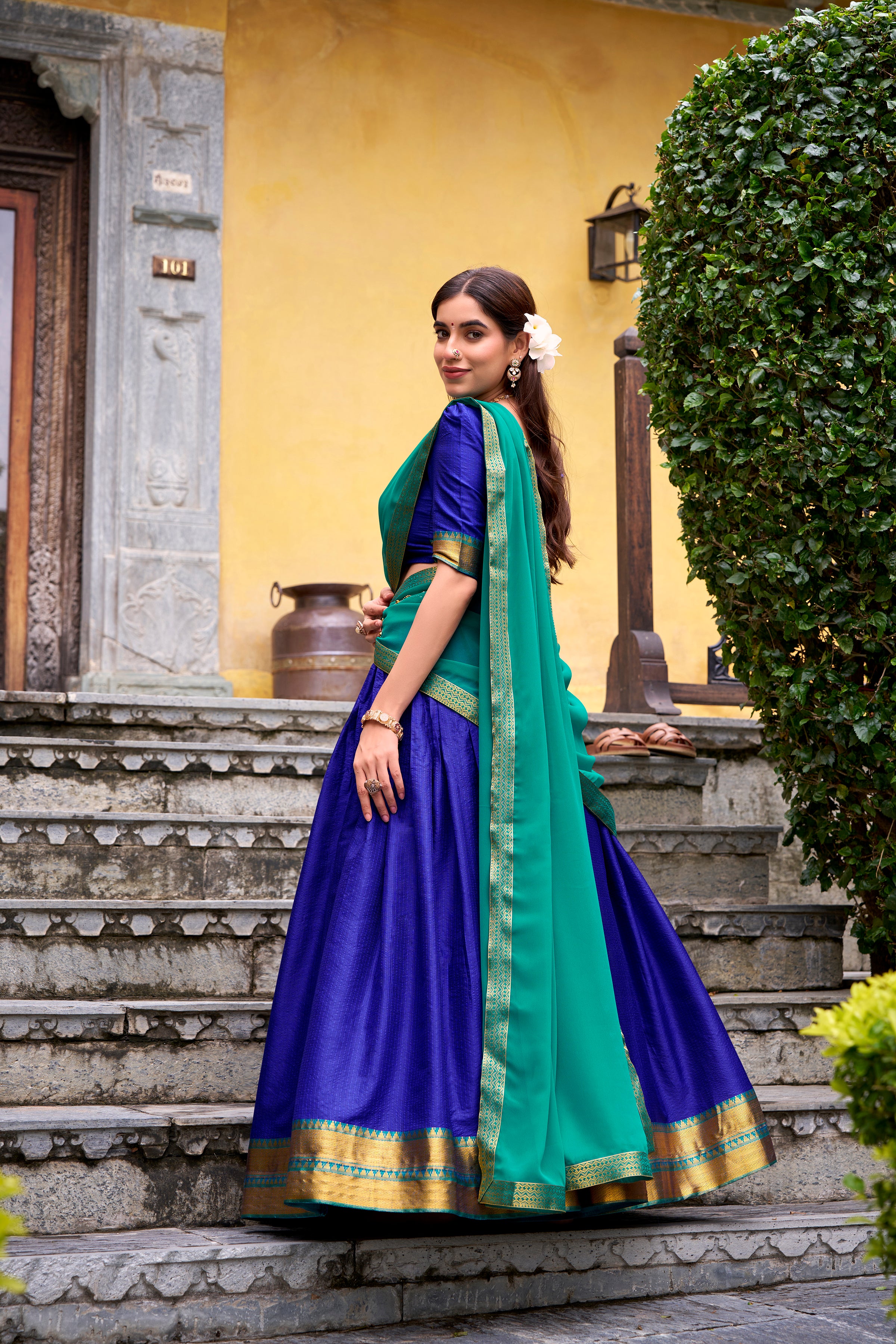 Mira Royal Blue Color Poly Cotton Zari Weaving Half Saree Lehenga