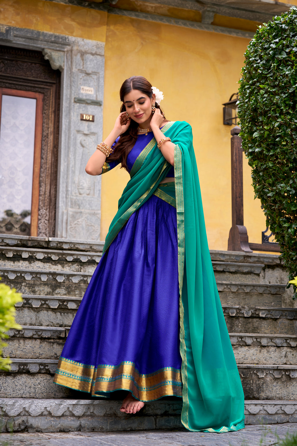 Mira Royal Blue Color Poly Cotton Zari Weaving Half Saree Lehenga