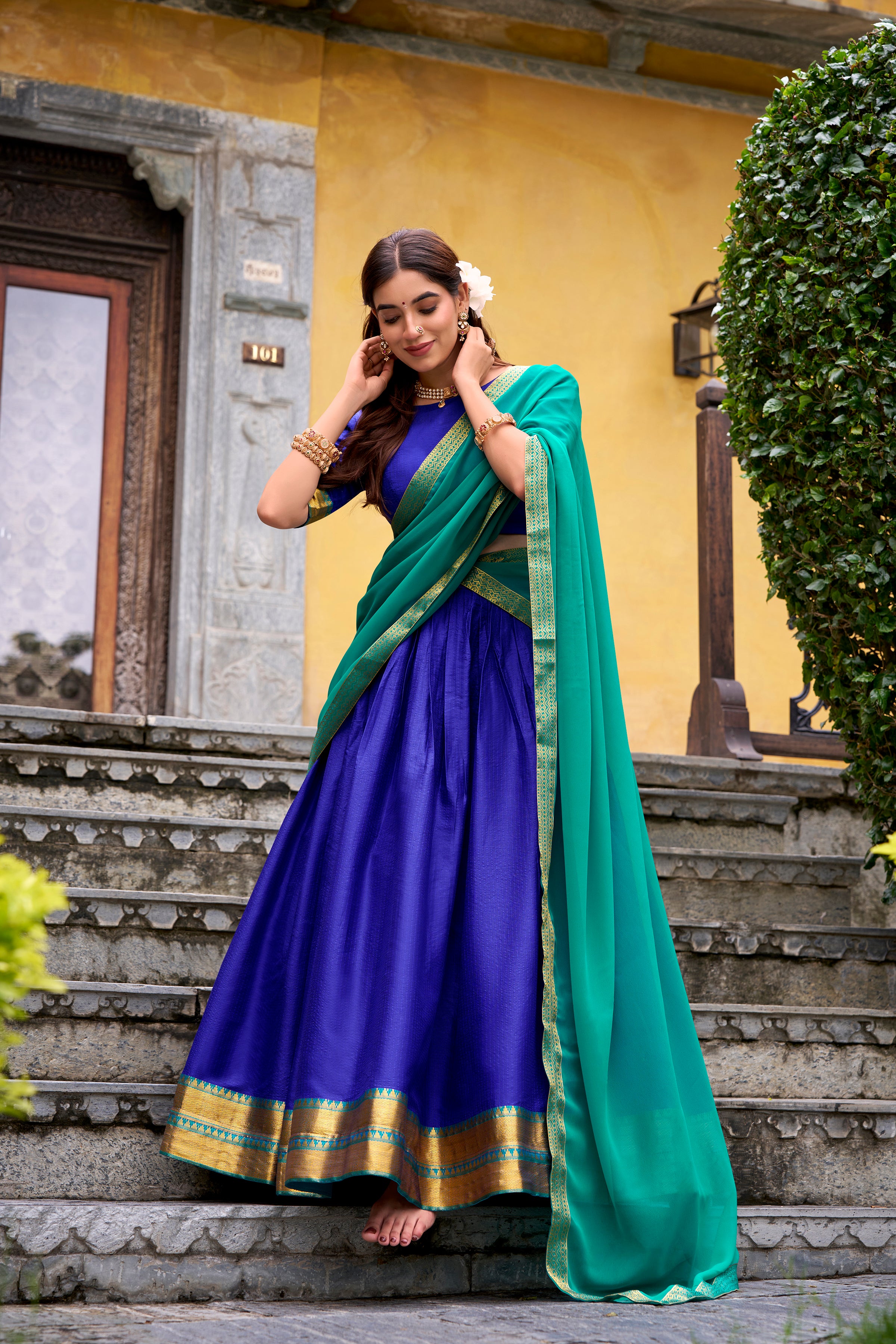 Mira Royal Blue Color Poly Cotton Zari Weaving Half Saree Lehenga
