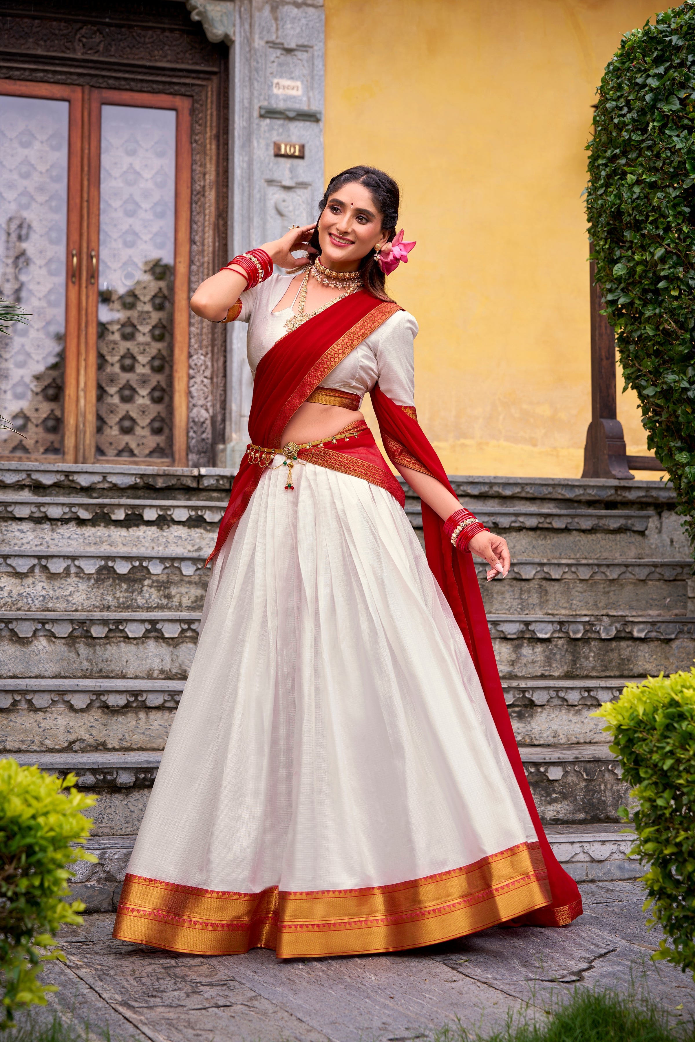 Mira White Color Poly Cotton Zari Weaving Half Saree Lehenga