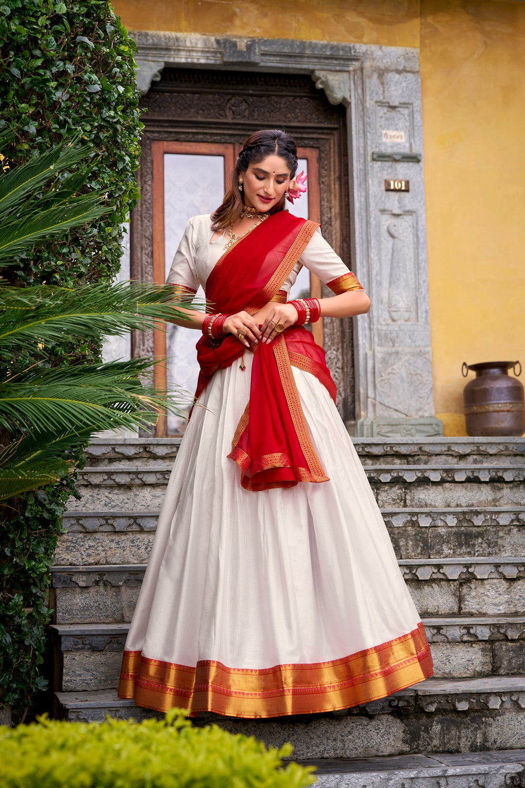 Mira White Color Poly Cotton Zari Weaving Half Saree Lehenga
