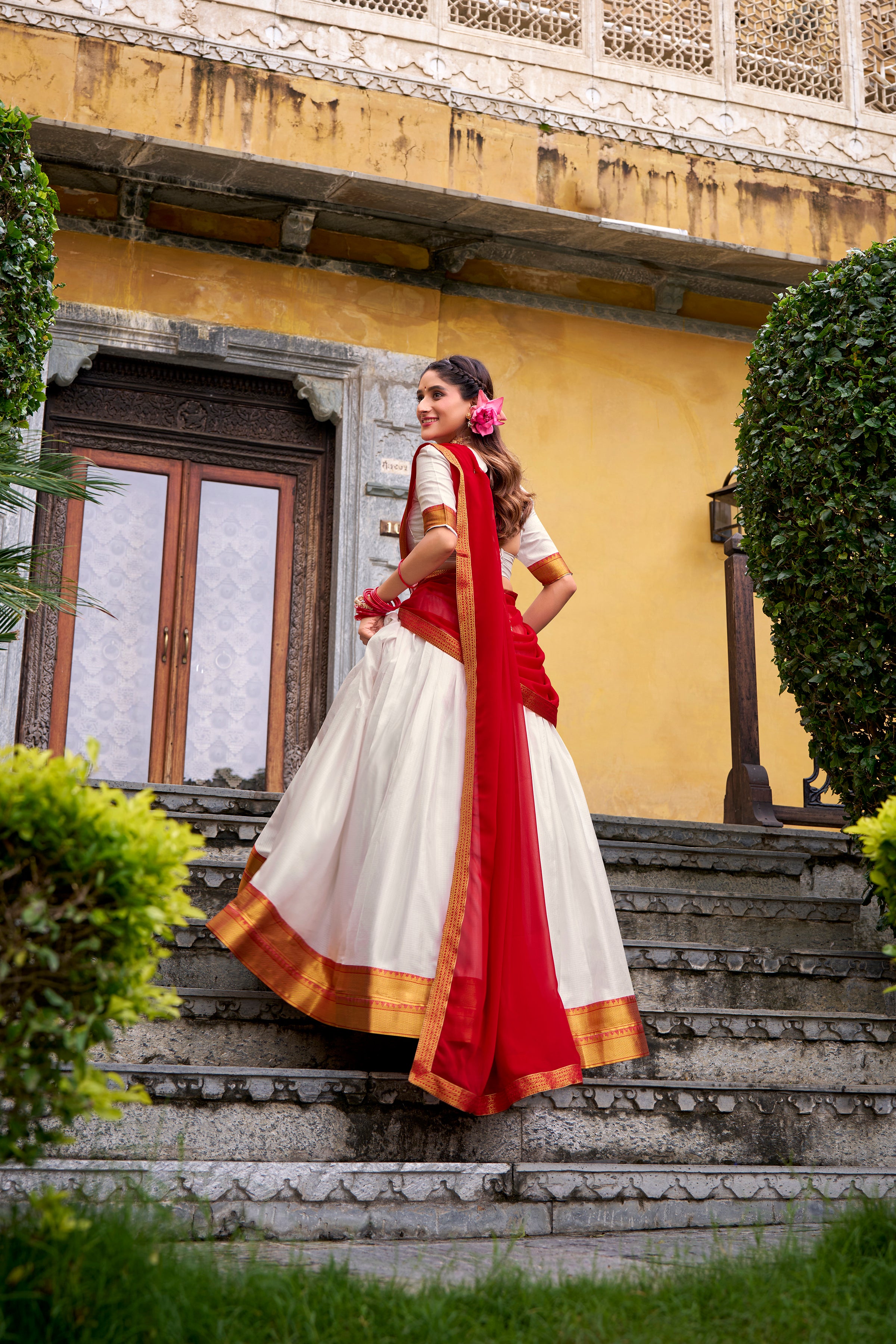 Mira White Color Poly Cotton Zari Weaving Half Saree Lehenga