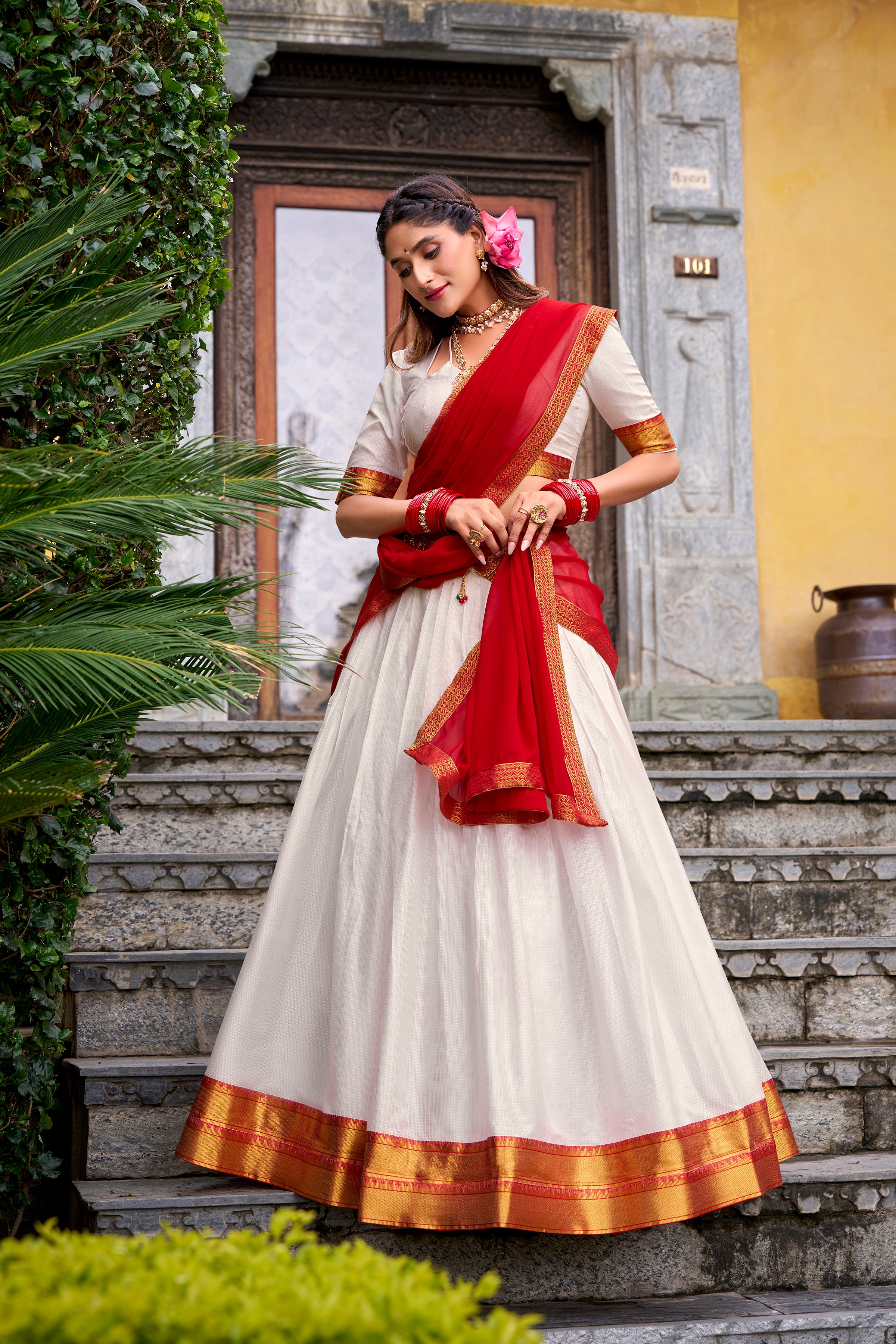 Mira White Color Poly Cotton Zari Weaving Half Saree Lehenga