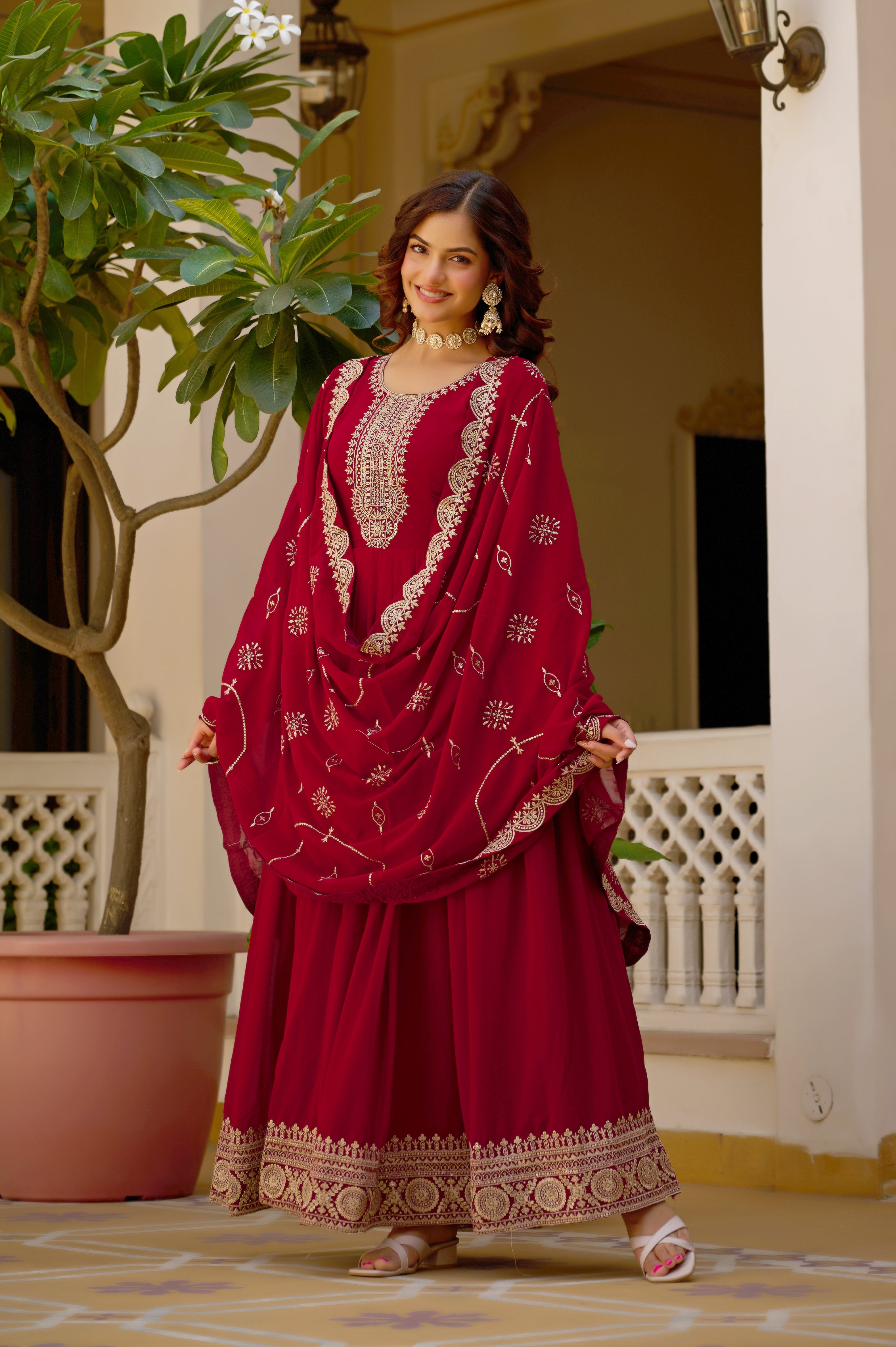 Mridula maroon faux blooming sequins embroidered gown with dupatta