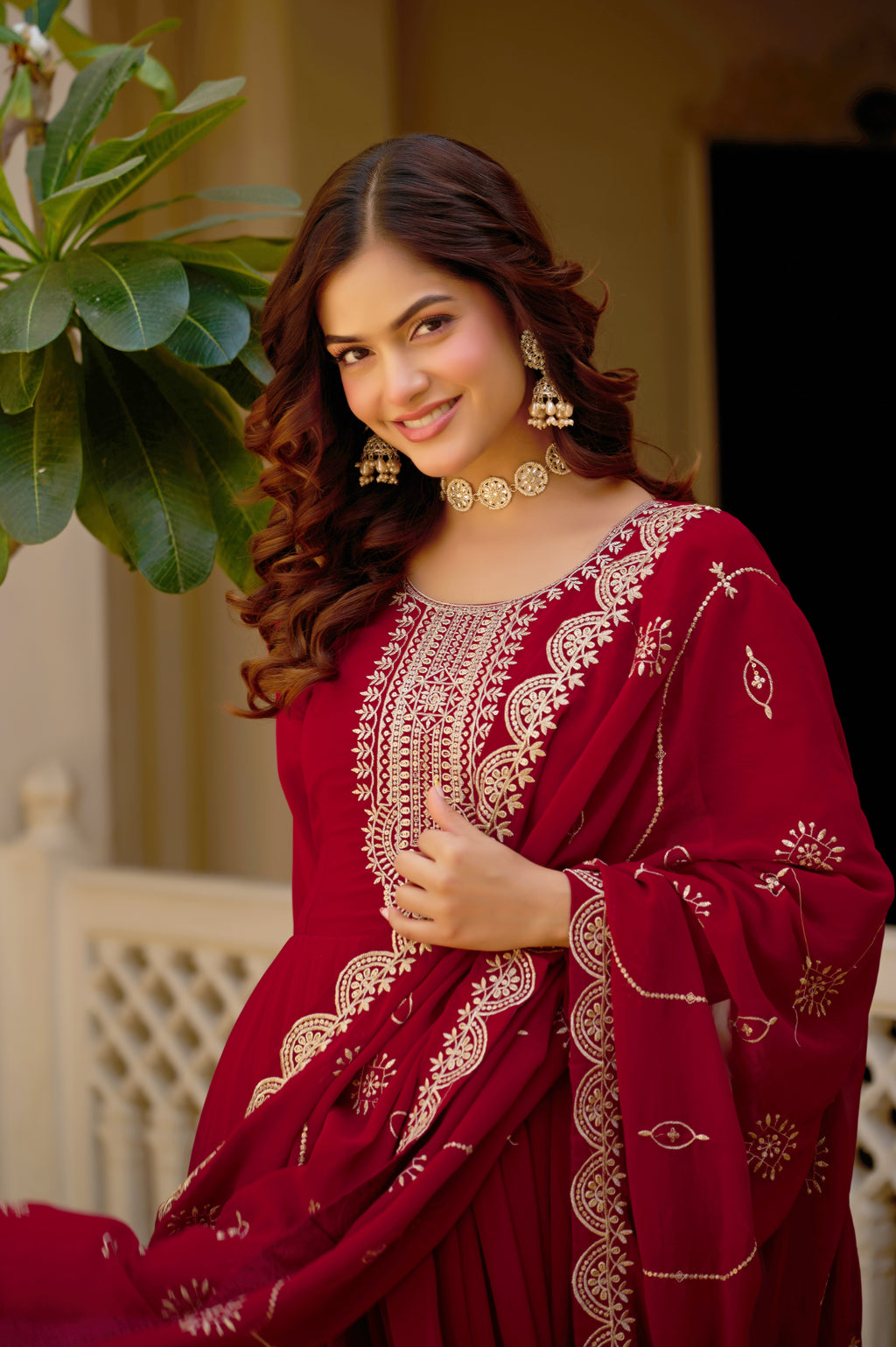 Mridula maroon faux blooming sequins embroidered gown with dupatta