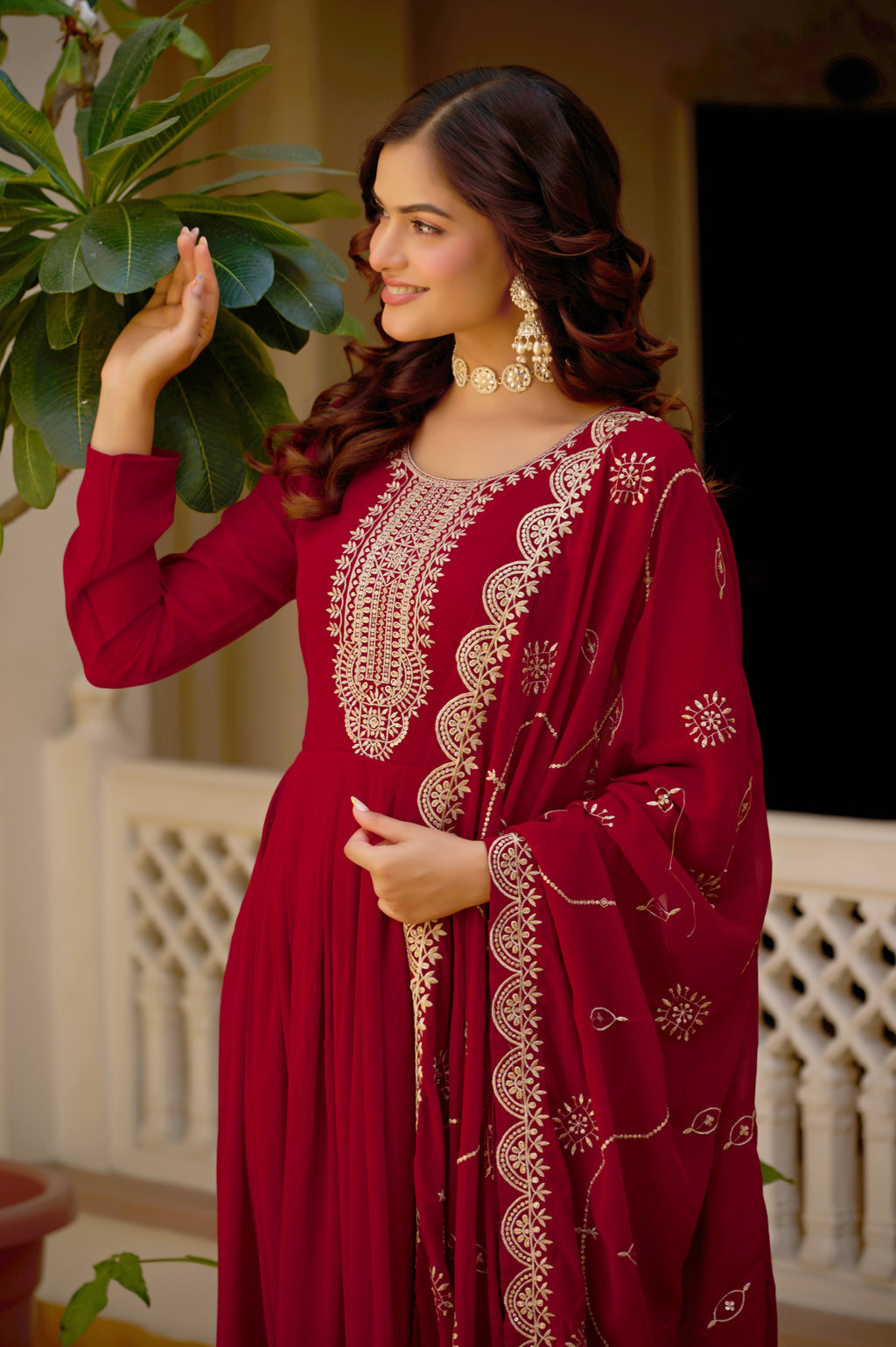 Mridula maroon faux blooming sequins embroidered gown with dupatta