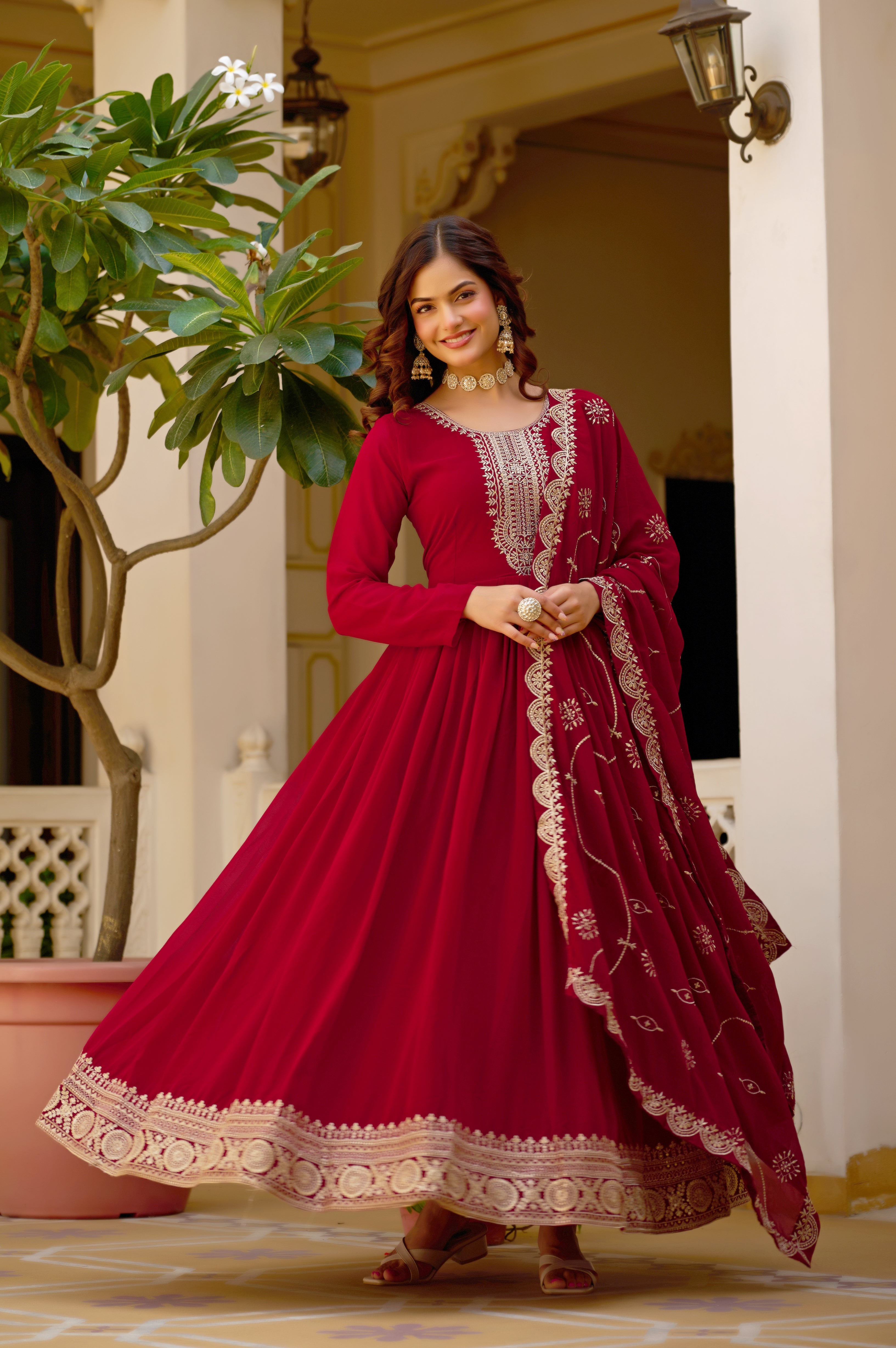 Mridula maroon faux blooming sequins embroidered gown with dupatta
