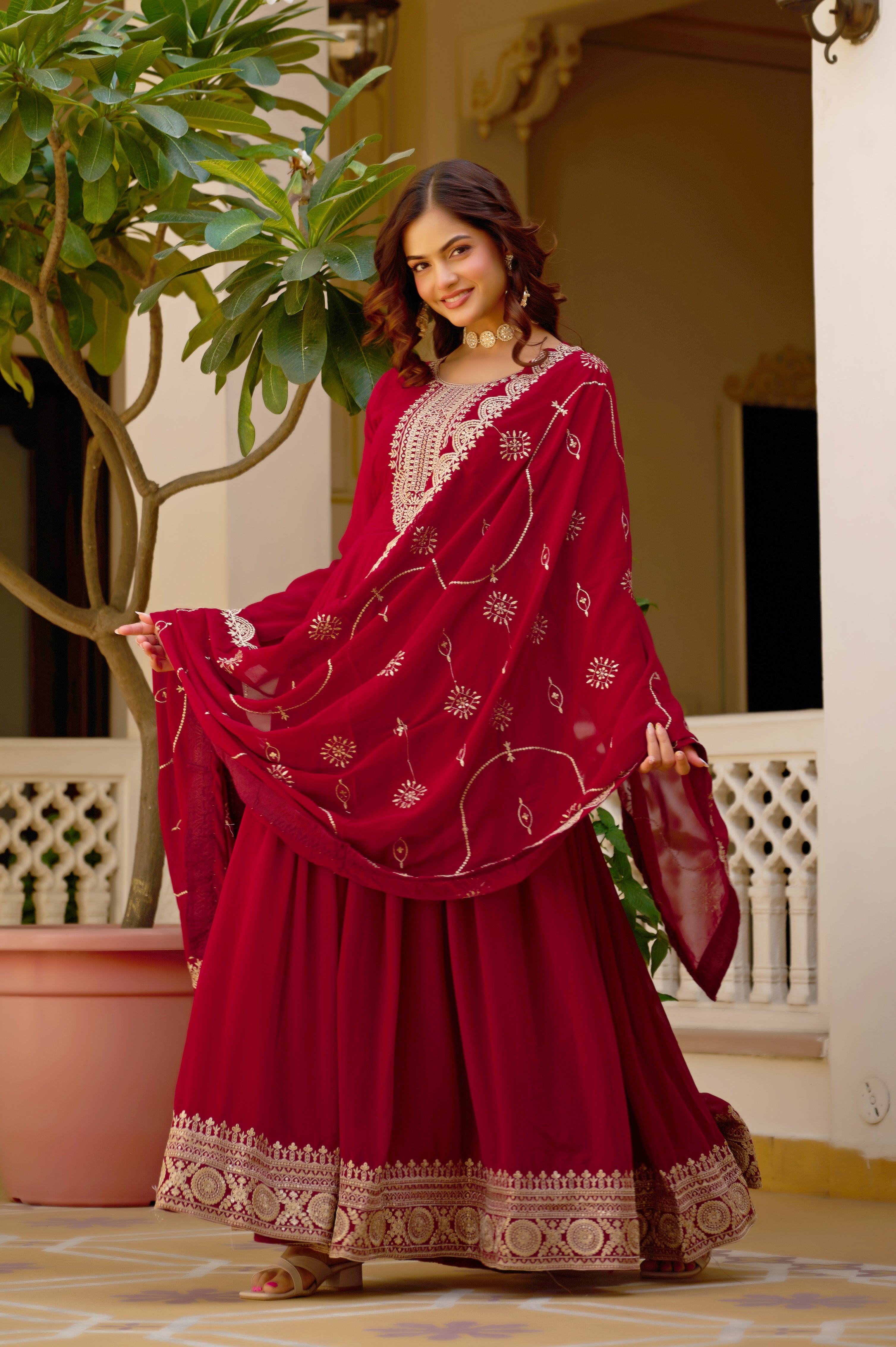 Mridula maroon faux blooming sequins embroidered gown with dupatta