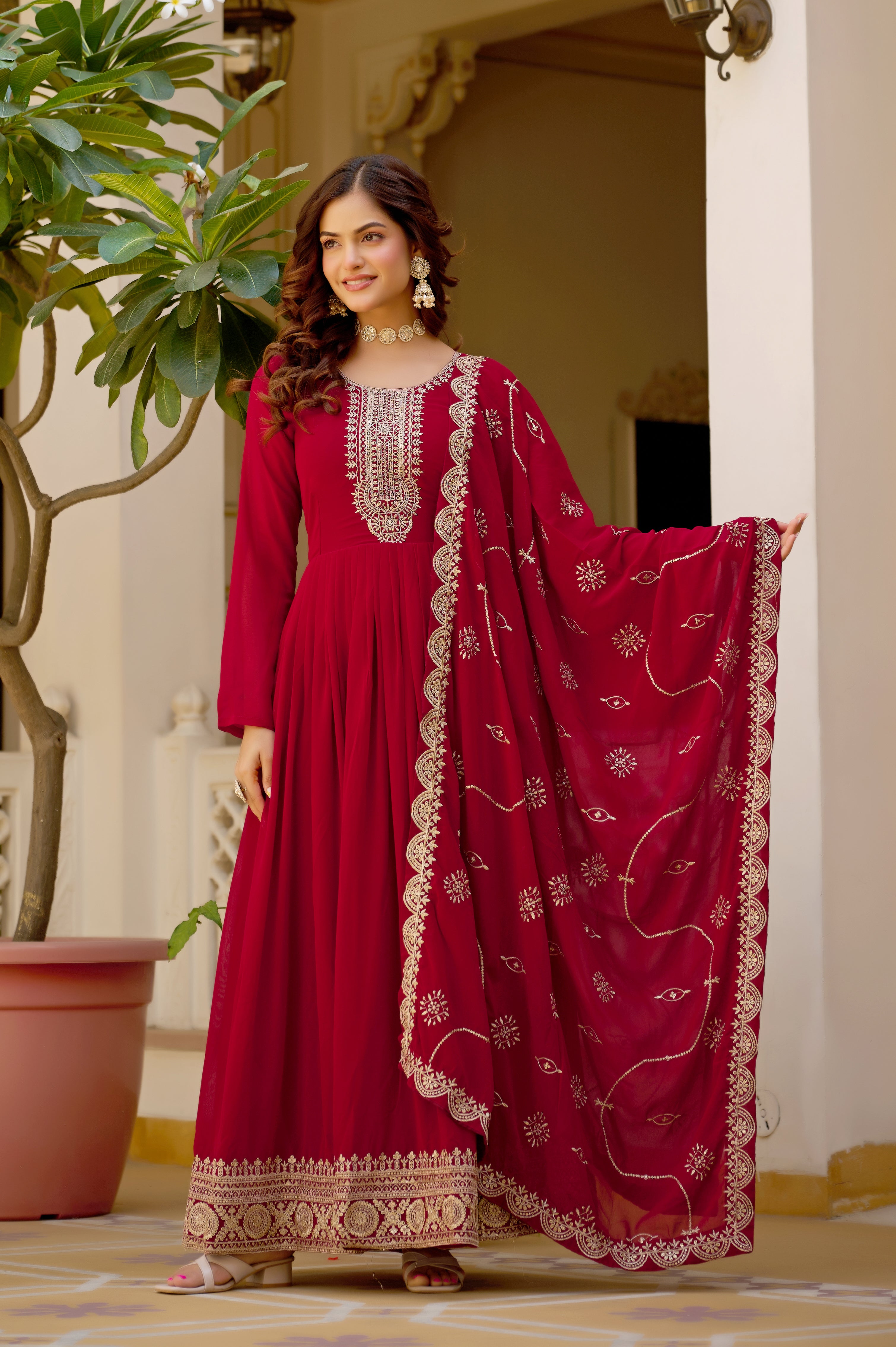 Mridula maroon faux blooming sequins embroidered gown with dupatta