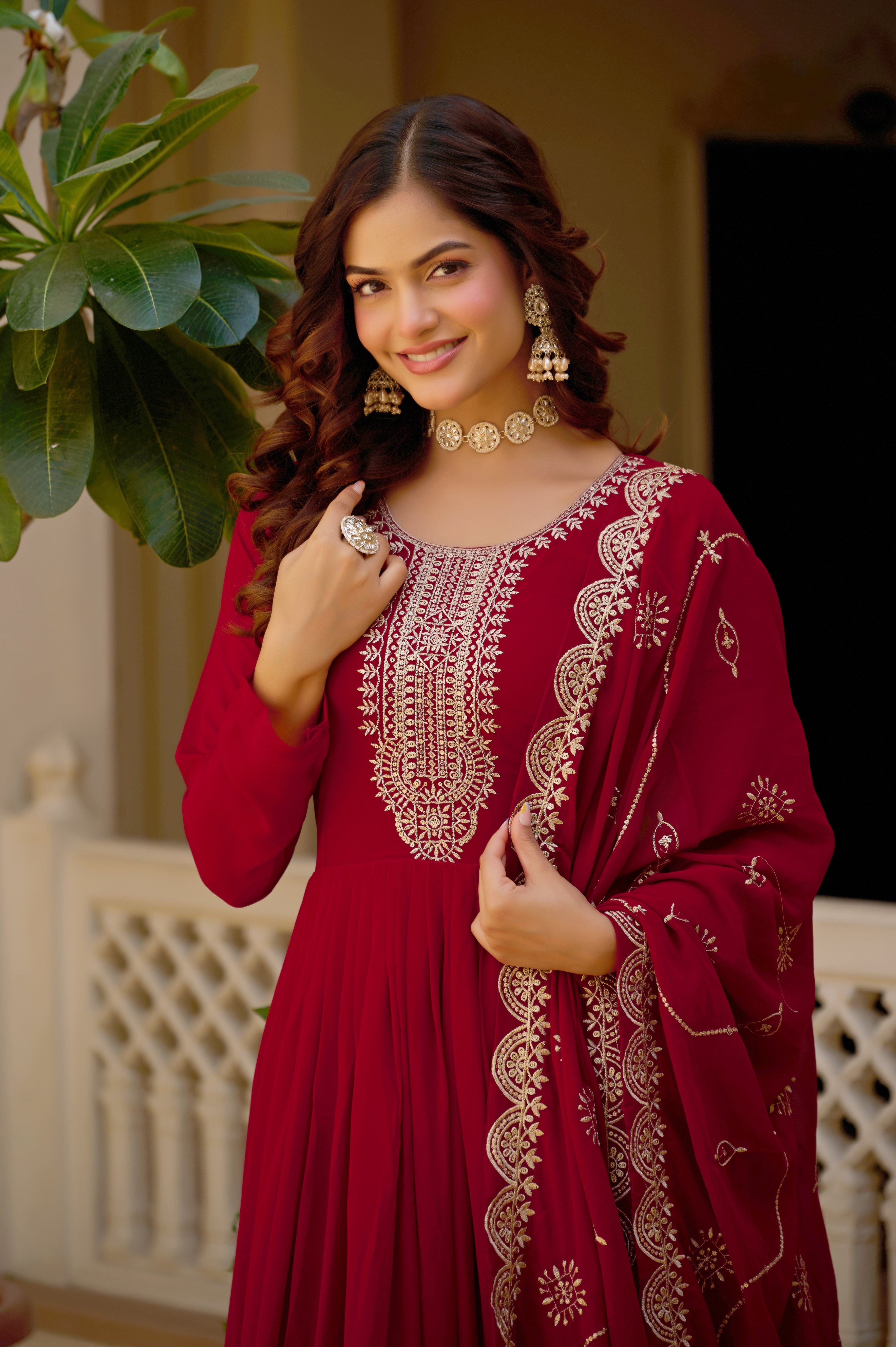 Mridula maroon faux blooming sequins embroidered gown with dupatta