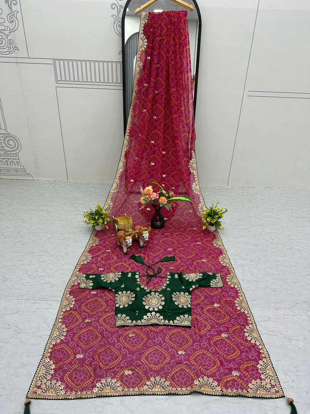 Mrinalini pink gota patti work pure bandhani saree