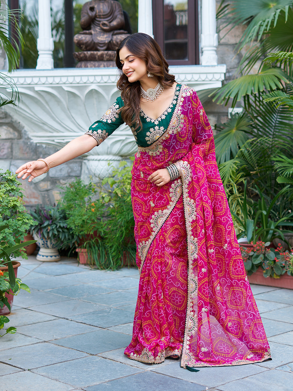 Mrinalini pink gota patti work pure bandhani saree