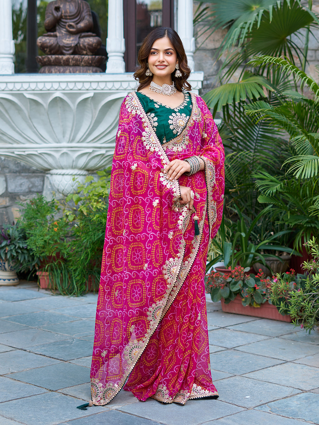 Mrinalini pink gota patti work pure bandhani saree