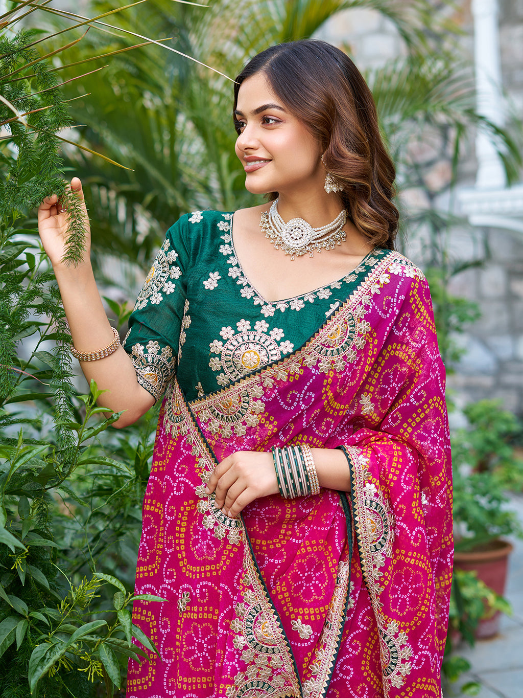 Mrinalini pink gota patti work pure bandhani saree