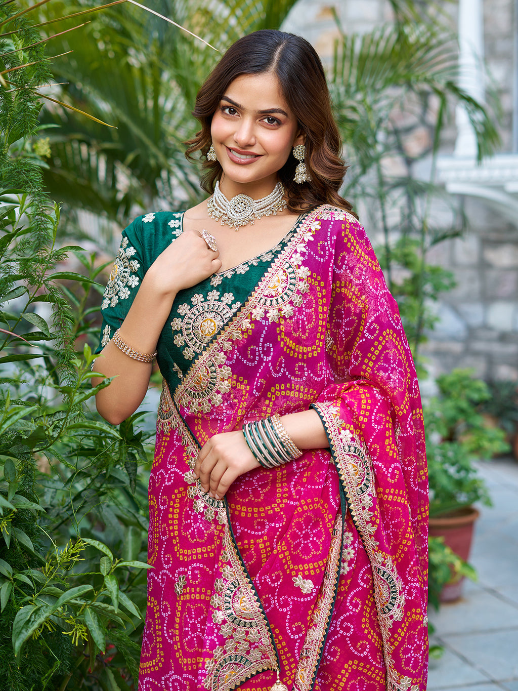 Mrinalini pink gota patti work pure bandhani saree