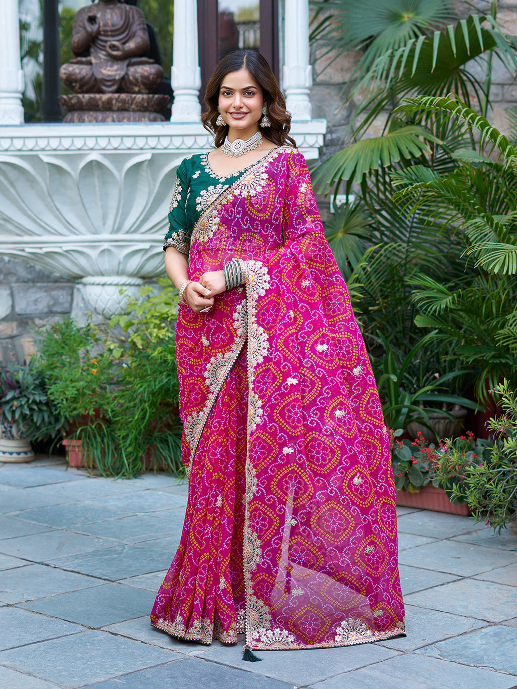 Mrinalini pink gota patti work pure bandhani saree