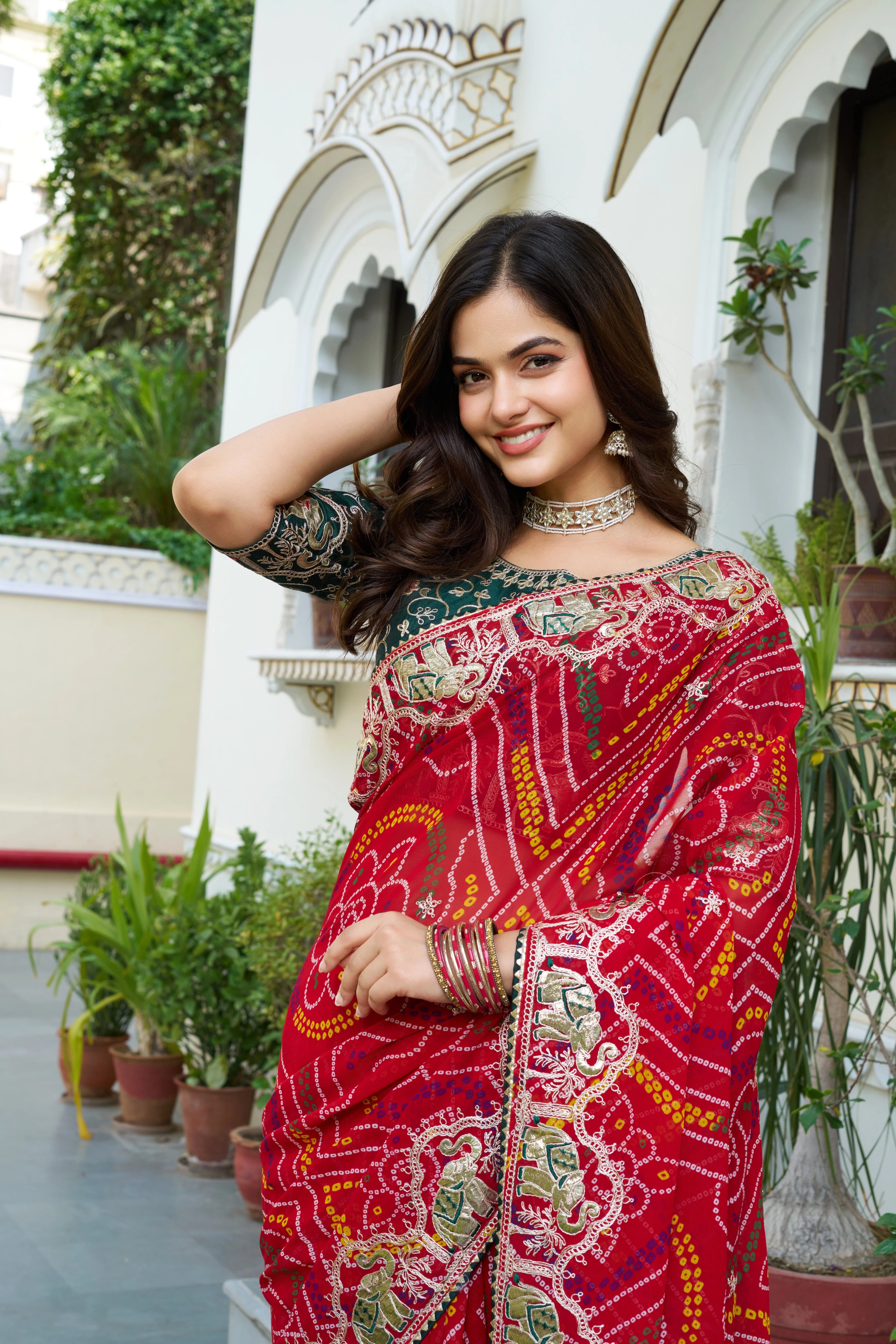 Mrinalini Red Gota Patti Work Pure Bandhani Saree Trinari mrinalini-red-gota-patti-work-pure-bandhani-saree-trinari