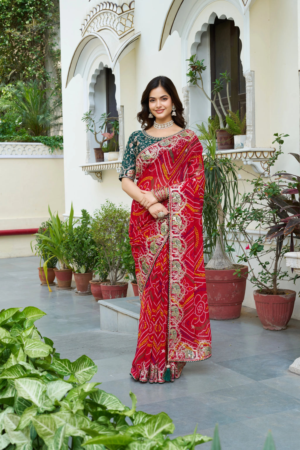 Mrinalini Red Gota Patti Work Pure Bandhani Saree Trinari mrinalini-red-gota-patti-work-pure-bandhani-saree-trinari