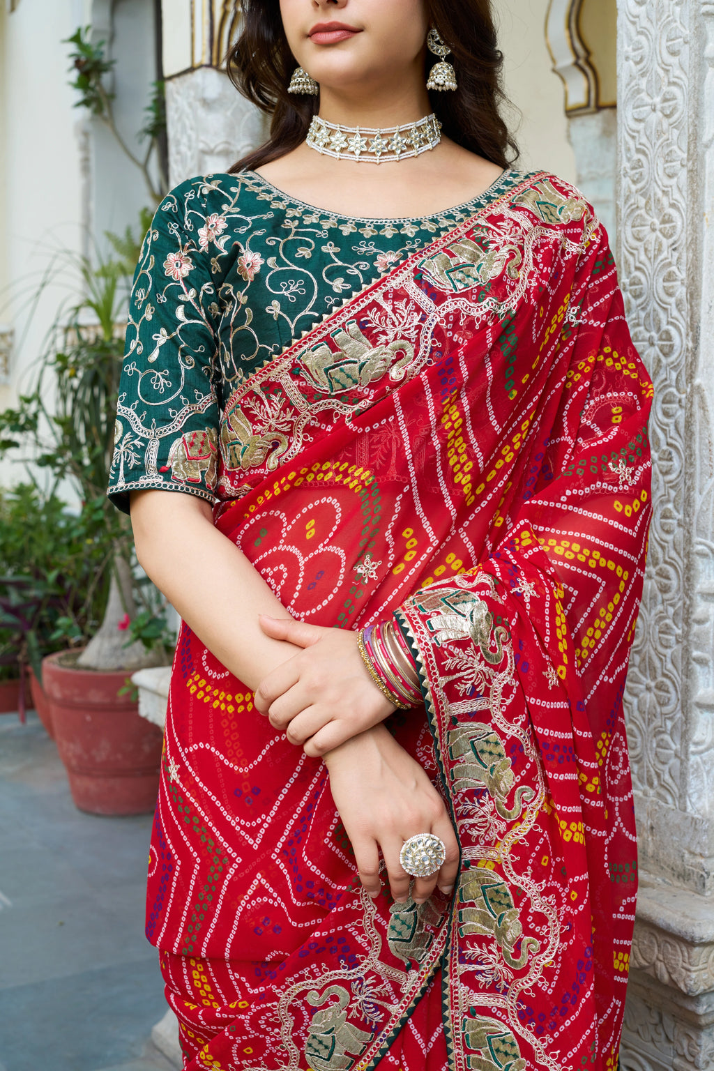 Mrinalini red gota patti work pure bandhani saree