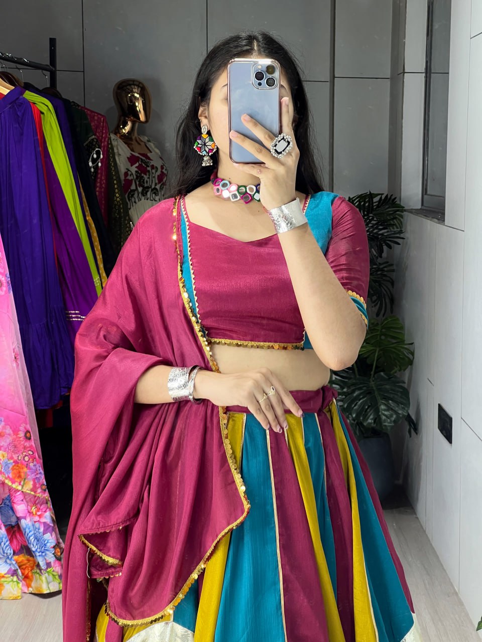 Multicolor Chinon Embellished Kali Lace Work Lehenga Choli with Dupatta