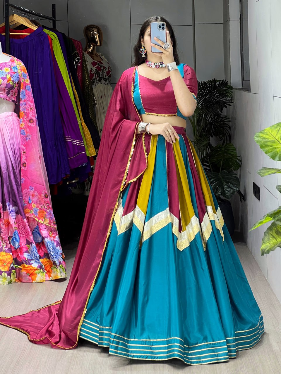 Multicolor Chinon Embellished Kali Lace Work Lehenga Choli with Dupatta