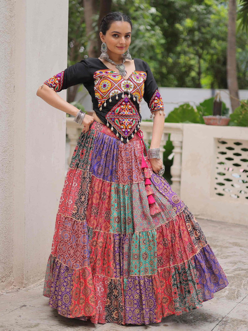 Multicolor Cotton Print Rayon Gamthi Embroidered Crop Top Lehenga