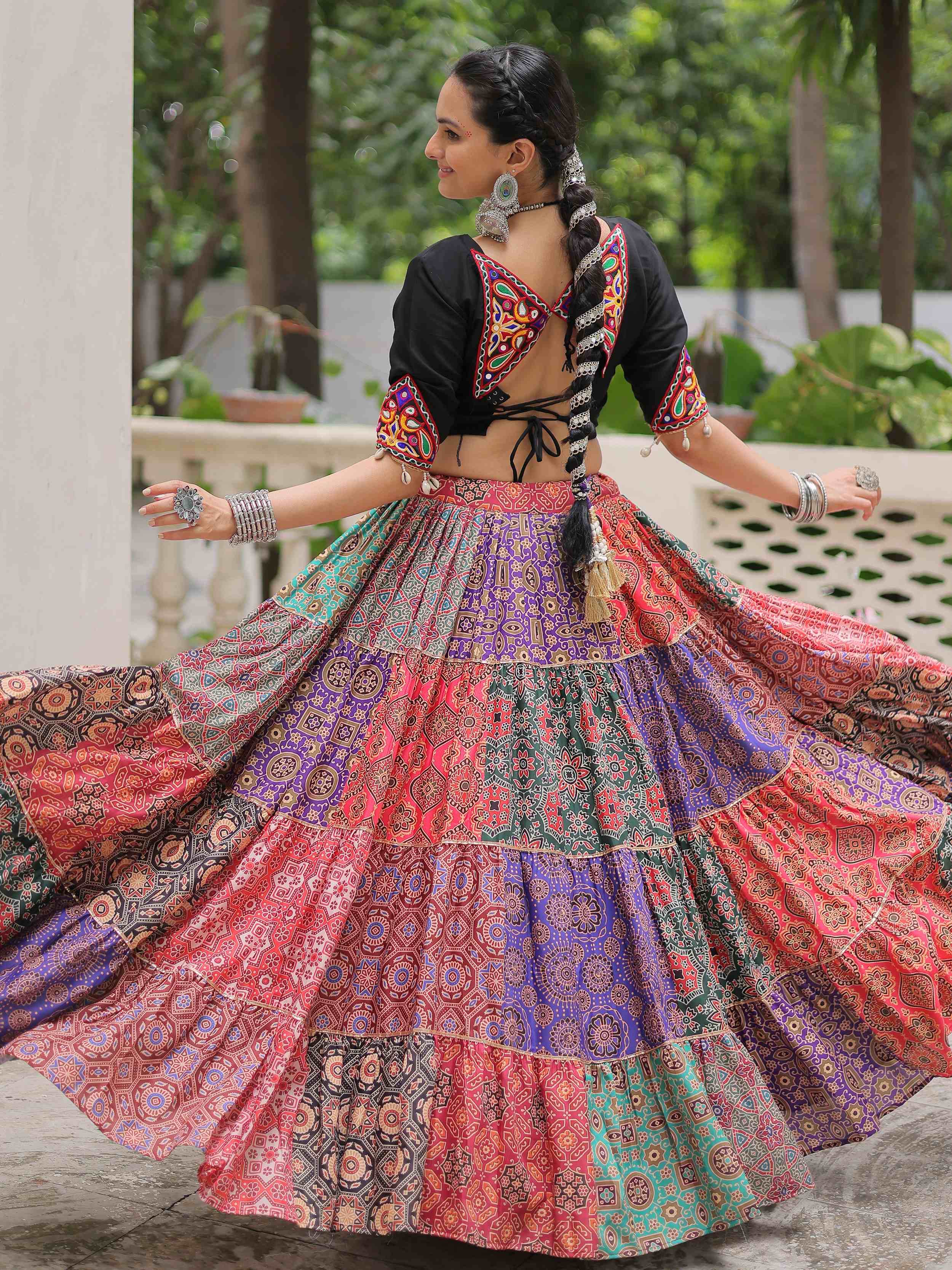 Multicolor Cotton Print Rayon Gamthi Embroidered Crop Top Lehenga