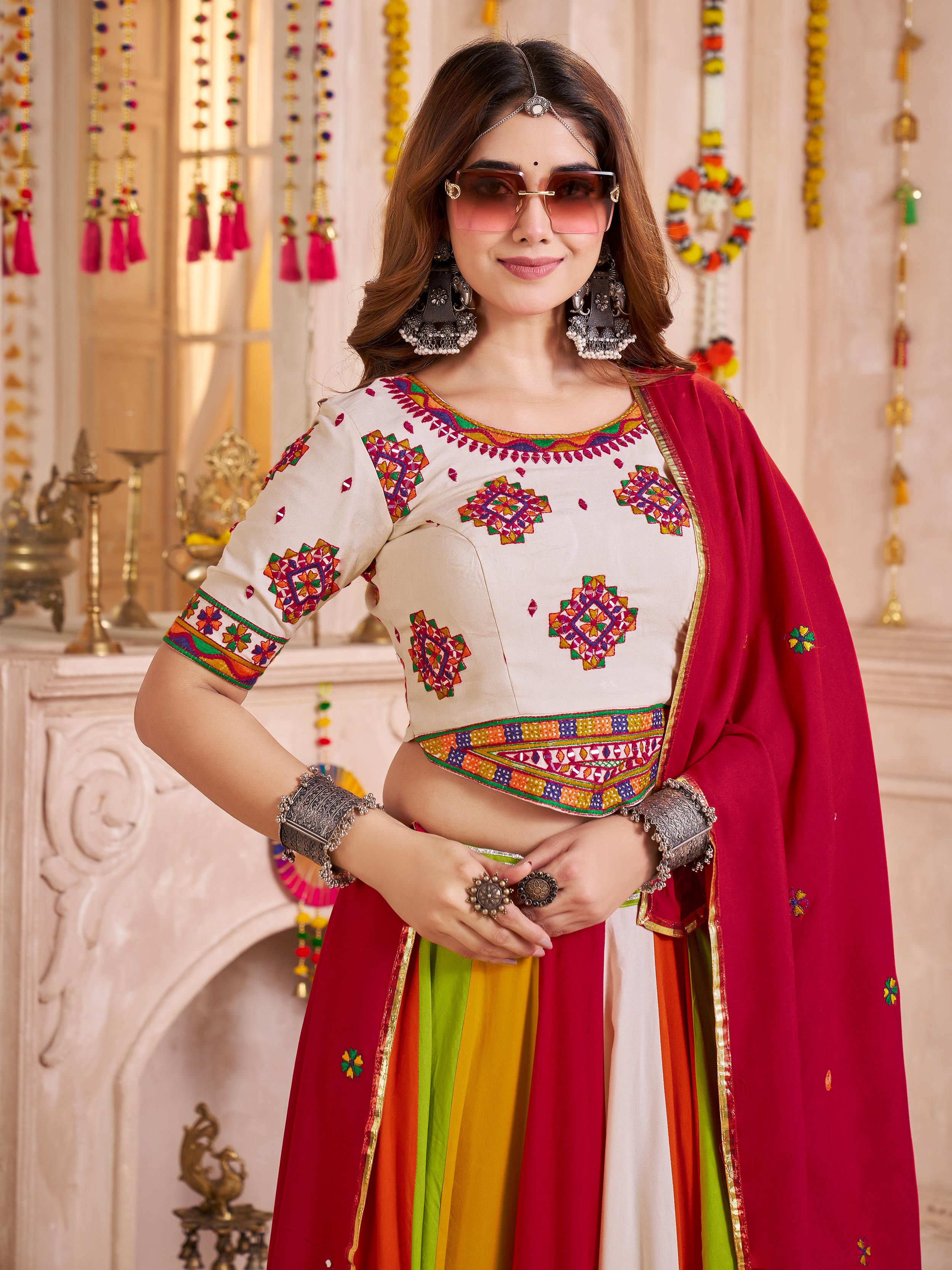 Multicolor Cotton Thread Embroidered Lehenga Choli with Dupatta
